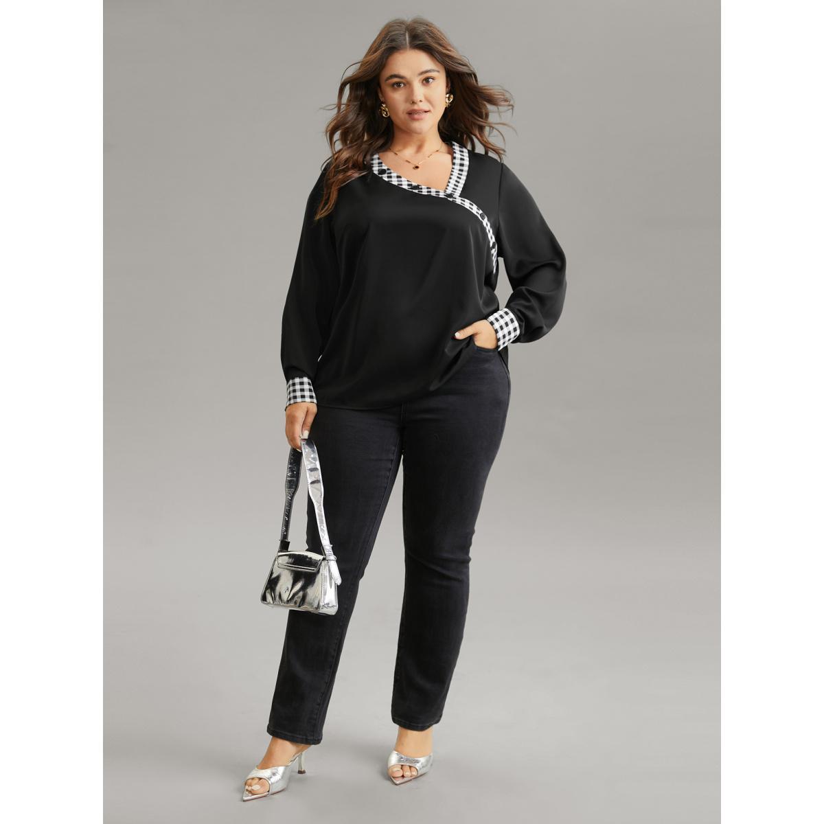 Plus Size Black Checkered Patchwork Asymmetrical Neck Button Detail Blouse Women Office Long Sleeve Asymmetrical Neck Work Blouses BloomChic 26/4X Product Image