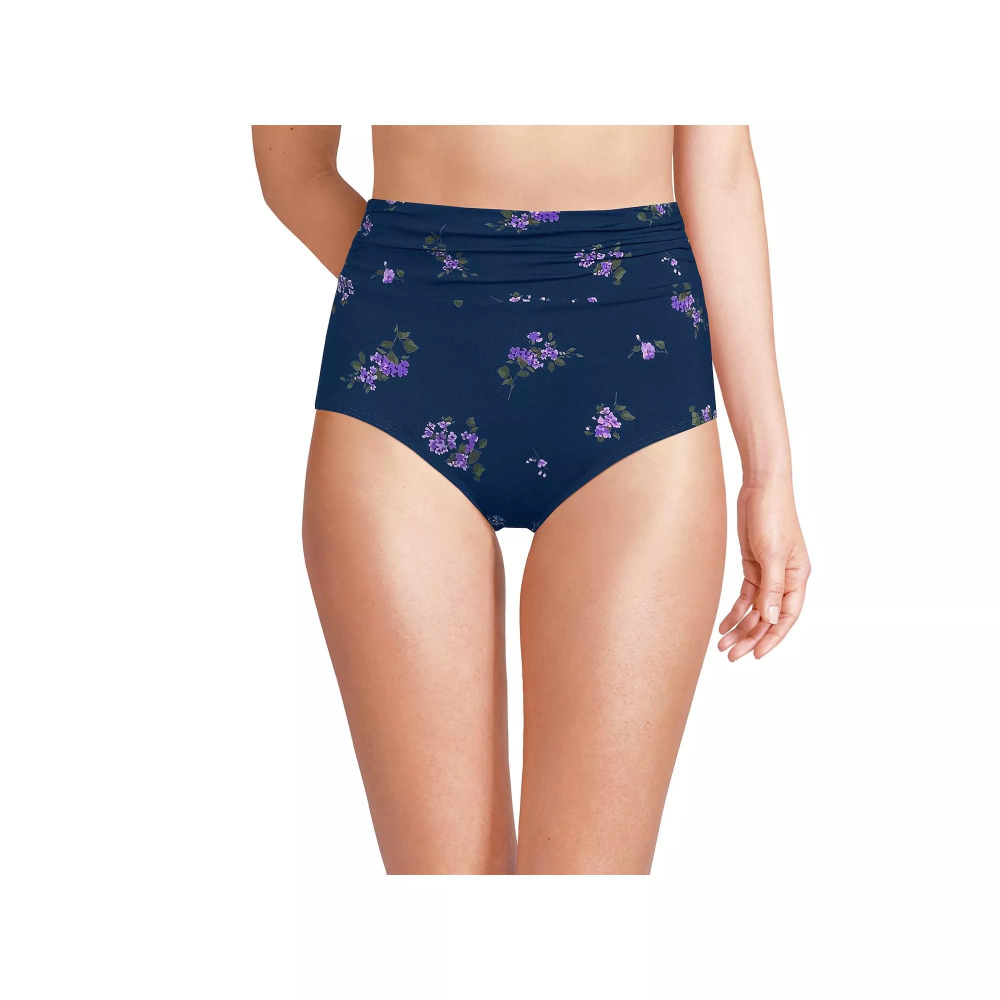 Women's Lands' End Ruched High Waisted Swim Bottoms, Size: 10, Deep  Blue Floral Product Image
