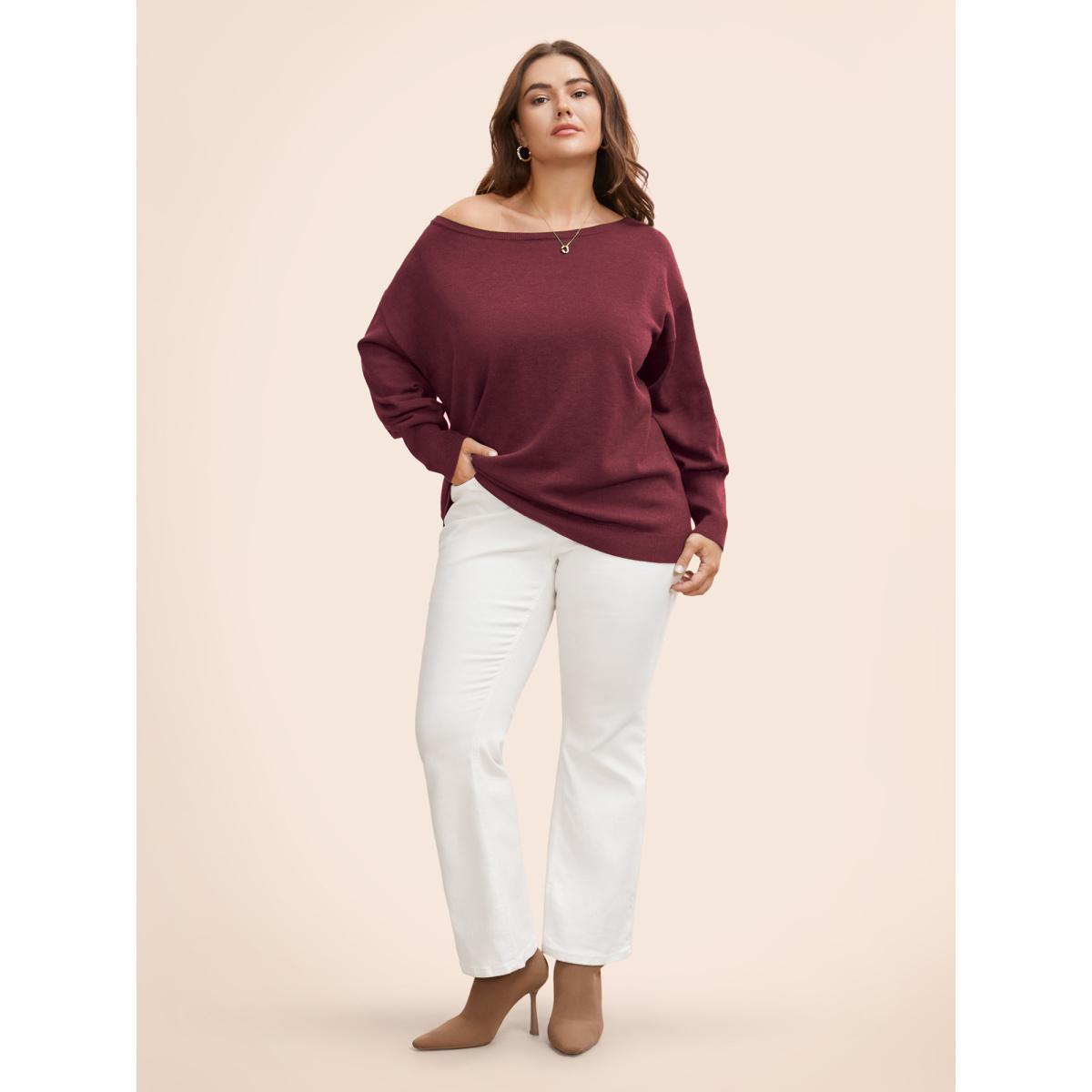 Plus Size Supersoft Essentials Boat Neck Drop Shoulder Pullover Deepred Women Elegant Long Sleeve Boat Neck Everyday Pullovers BloomChic 18-20/2X Product Image