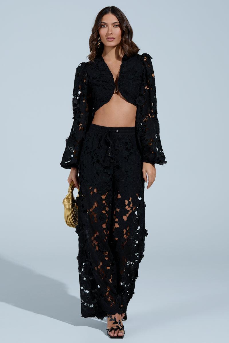 LATE NIGHT DREAMS FLORAL CUTOUT WIDE LEG PANT Product Image