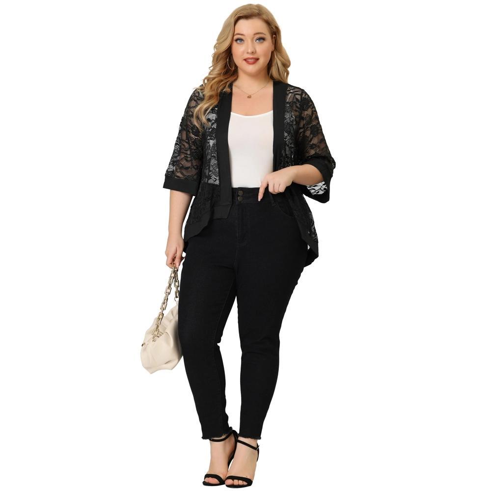 Agnes Orinda Women's Plus Size Elegant Open Front 3/4 Sleeve Lace Lightweight Cardigans Product Image