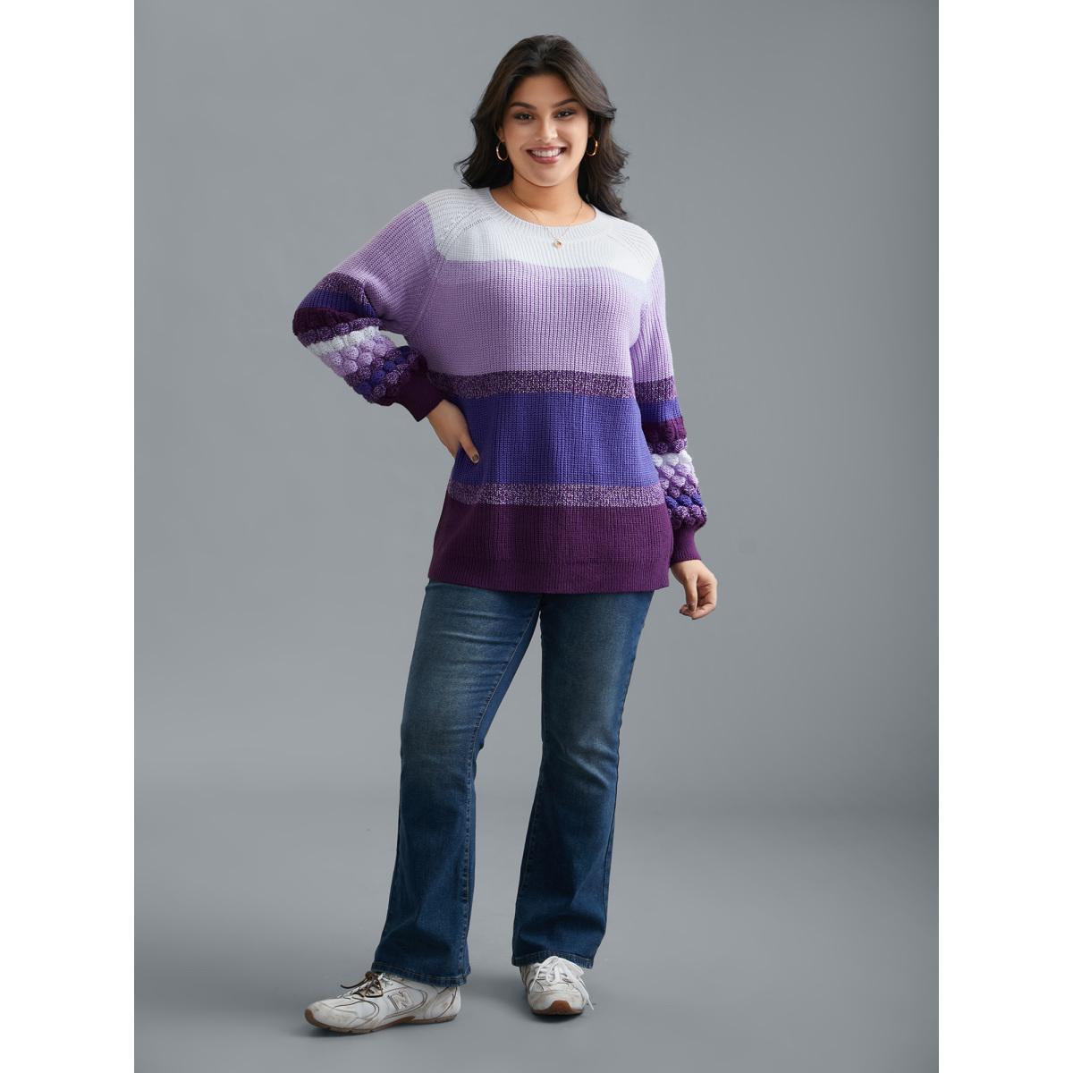 Plus Size Color contrast Plisse Raglan Sleeve Pullover Deeppurple Women Casual Loose Long Sleeve Round Neck Everyday Pullovers BloomChic 14-16/1X Product Image