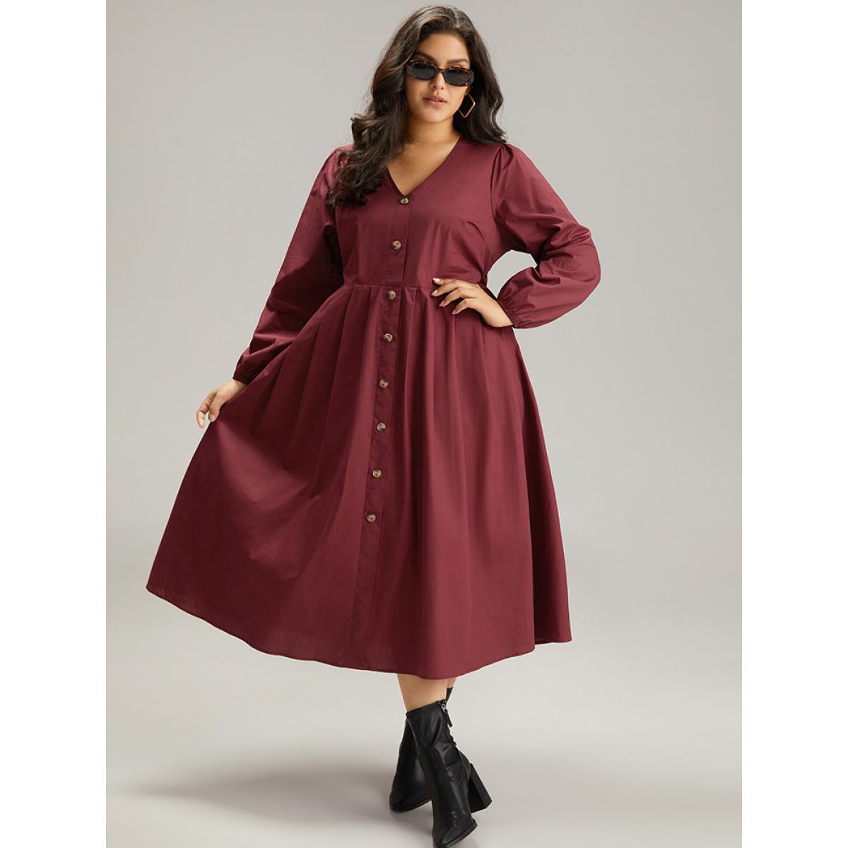 Plus Size Cotton Button Detail Elastic Cuffs Dress Burgundy Women Elegant Elastic cuffs V-neck Long Sleeve Curvy Midi Dress BloomChic 14-16/1X Product Image