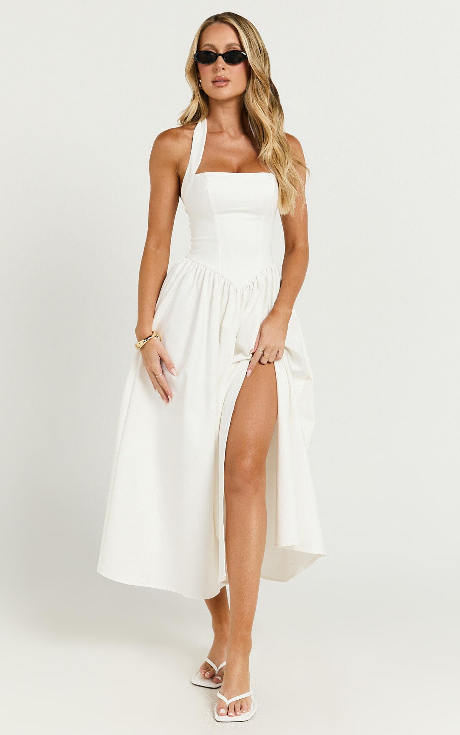 Helda Midi Dress - Halter Tie Neck Corset Panel Dress in Off White Product Image