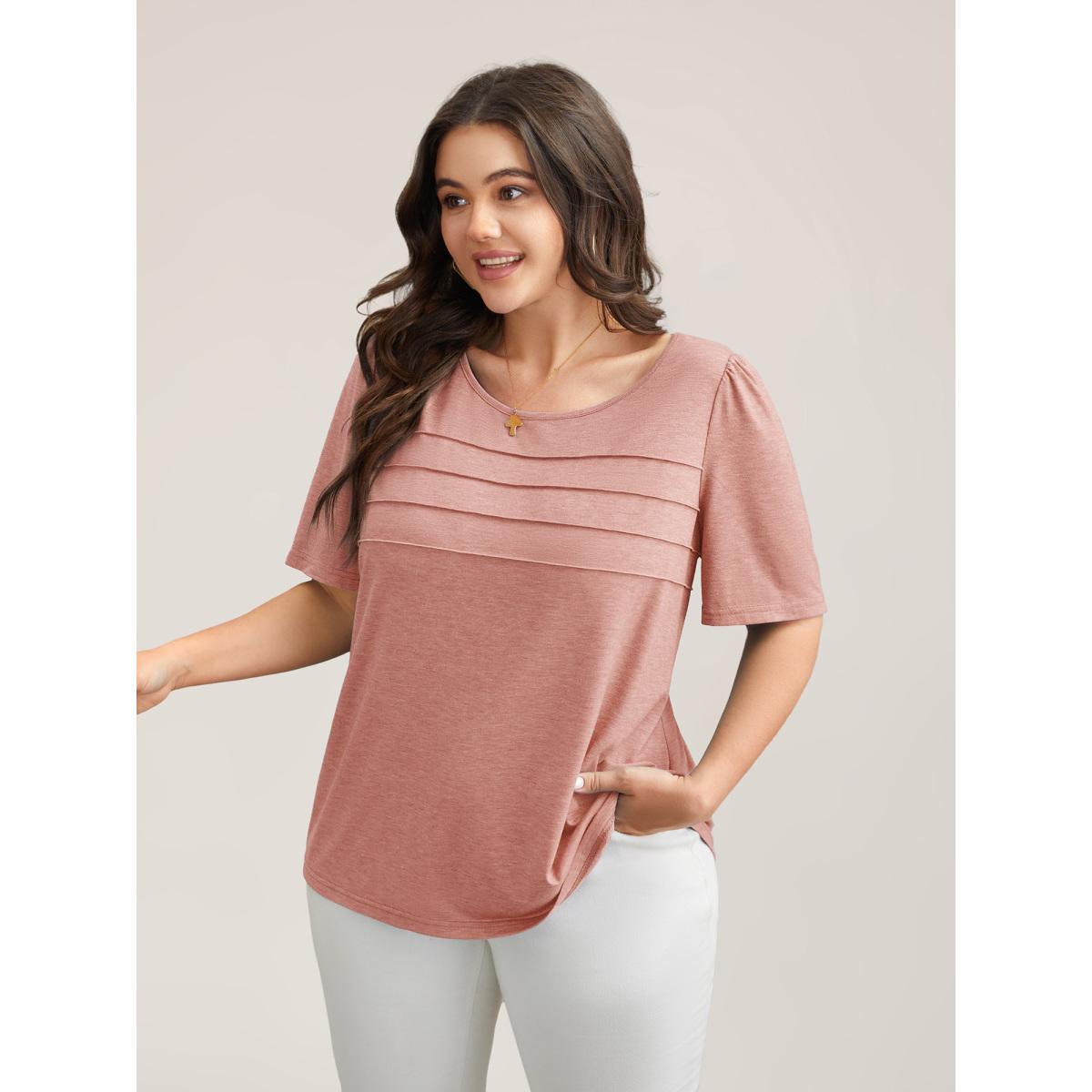 Plus Size Seamed Round Neck Fitted T-Shirt Nudepink Women Casual Tucked seam Round Neck Everyday T-shirts BloomChic 30/6X Product Image
