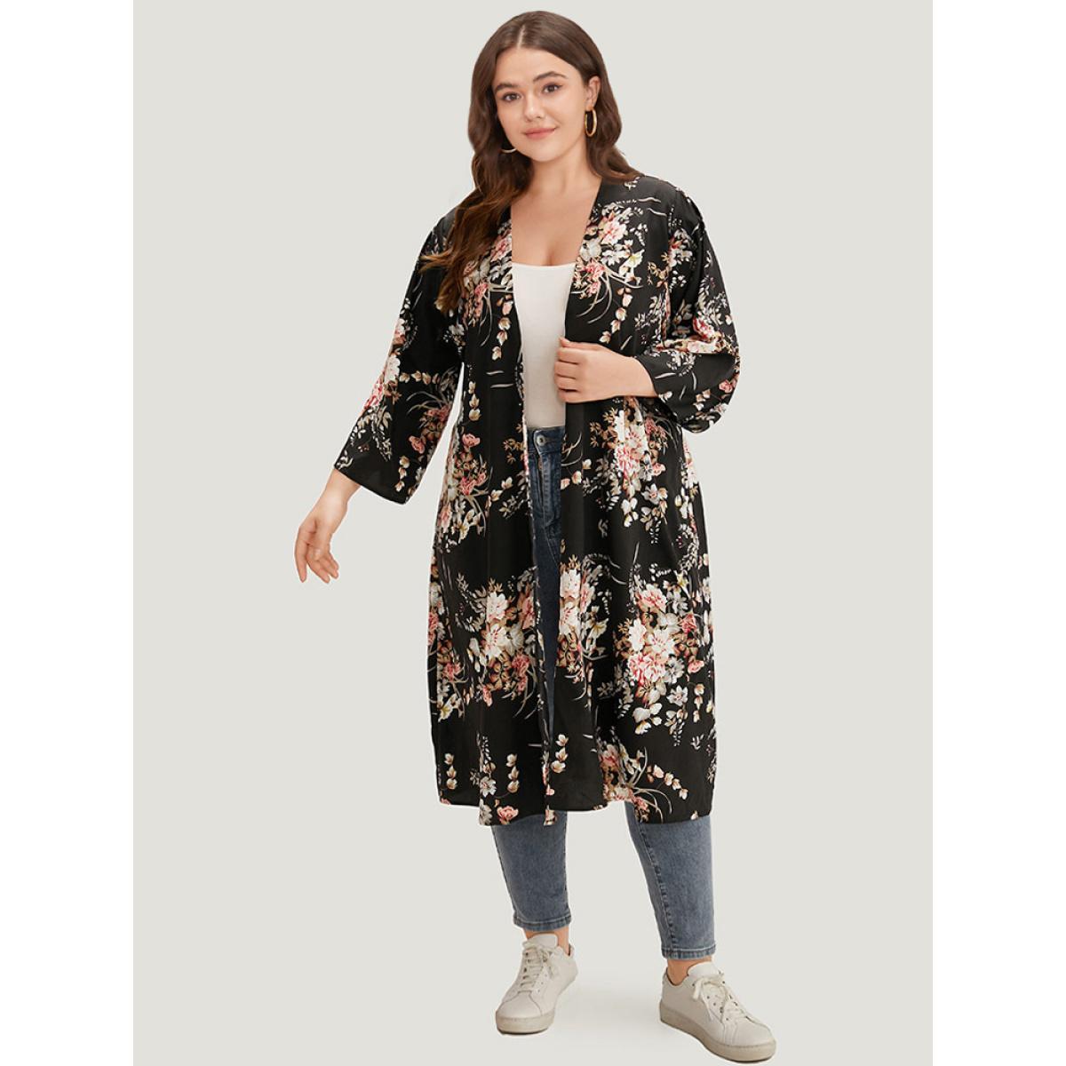 Plus Size Boho Print Belted Open Front Kimono Women BlackFlower Casual Belted Belt Dailywear Kimonos BloomChic 12/L Product Image