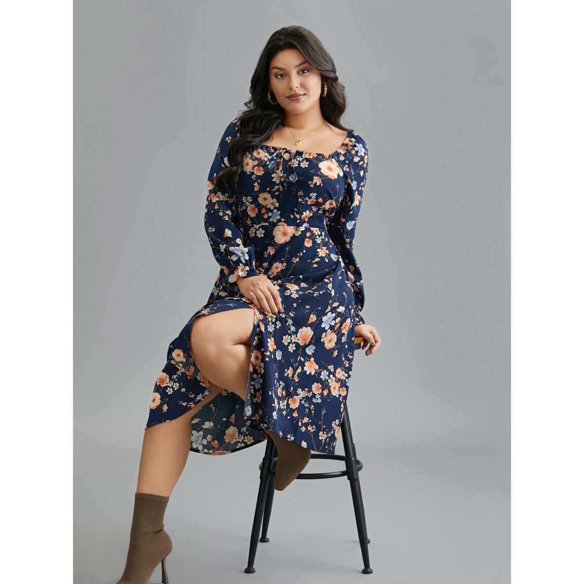 Plus Size Floral Knot Neck Split Hem Dress Indigo Women Elegant Tie knot Square Neck Long Sleeve Curvy BloomChic 26/4X Product Image