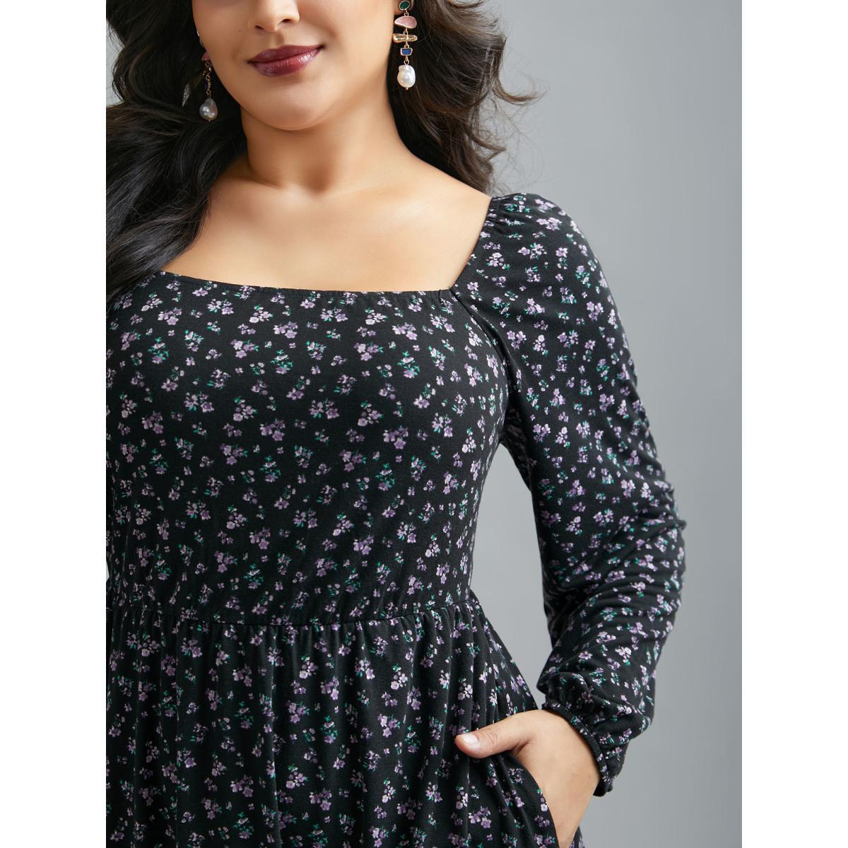 Plus Size Square Neck Ditsy Floral Elastic Waist Dress BlackFlower Women Elegant Non Knit Dresses Bloomchic 22-24/3X Product Image