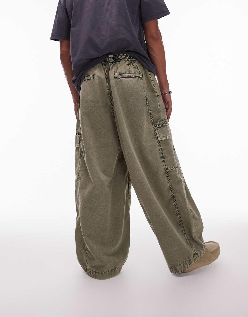 Topman wide leg washed cargo pants in khaki Product Image