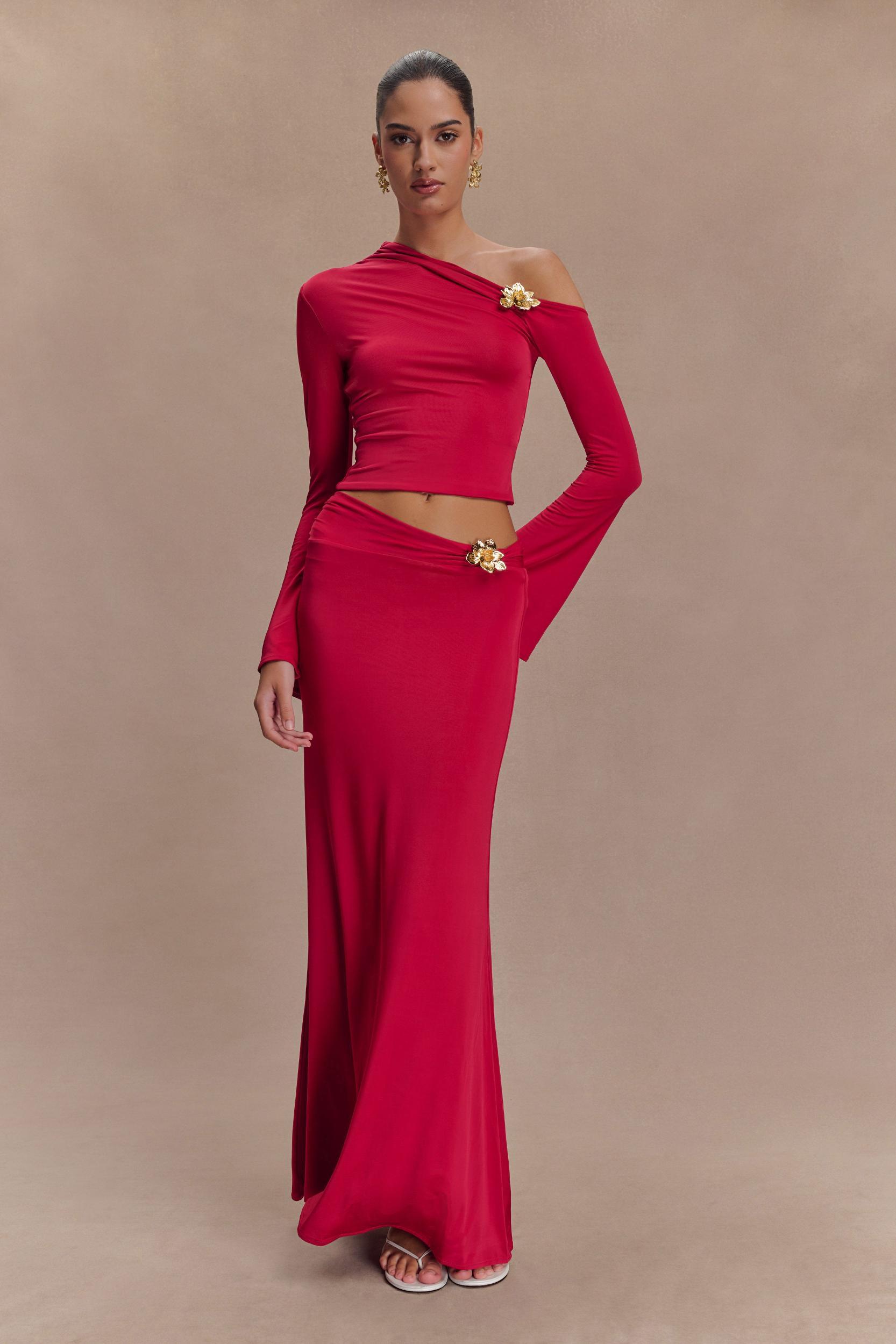 Ainsley Asymmetrical Maxi Skirt With Floral Hardware - Fuchsia Pink Product Image