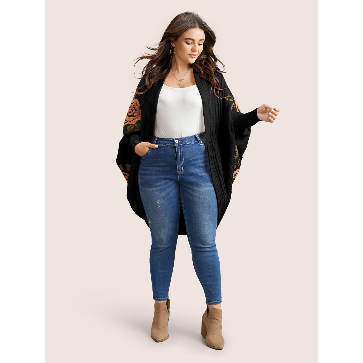 Plus Size Floral Jacquard Batwing Sleeve Open Front Cardigan Black Women Elegant Long Sleeve Everyday Cardigans BloomChic 14-16/1X Product Image