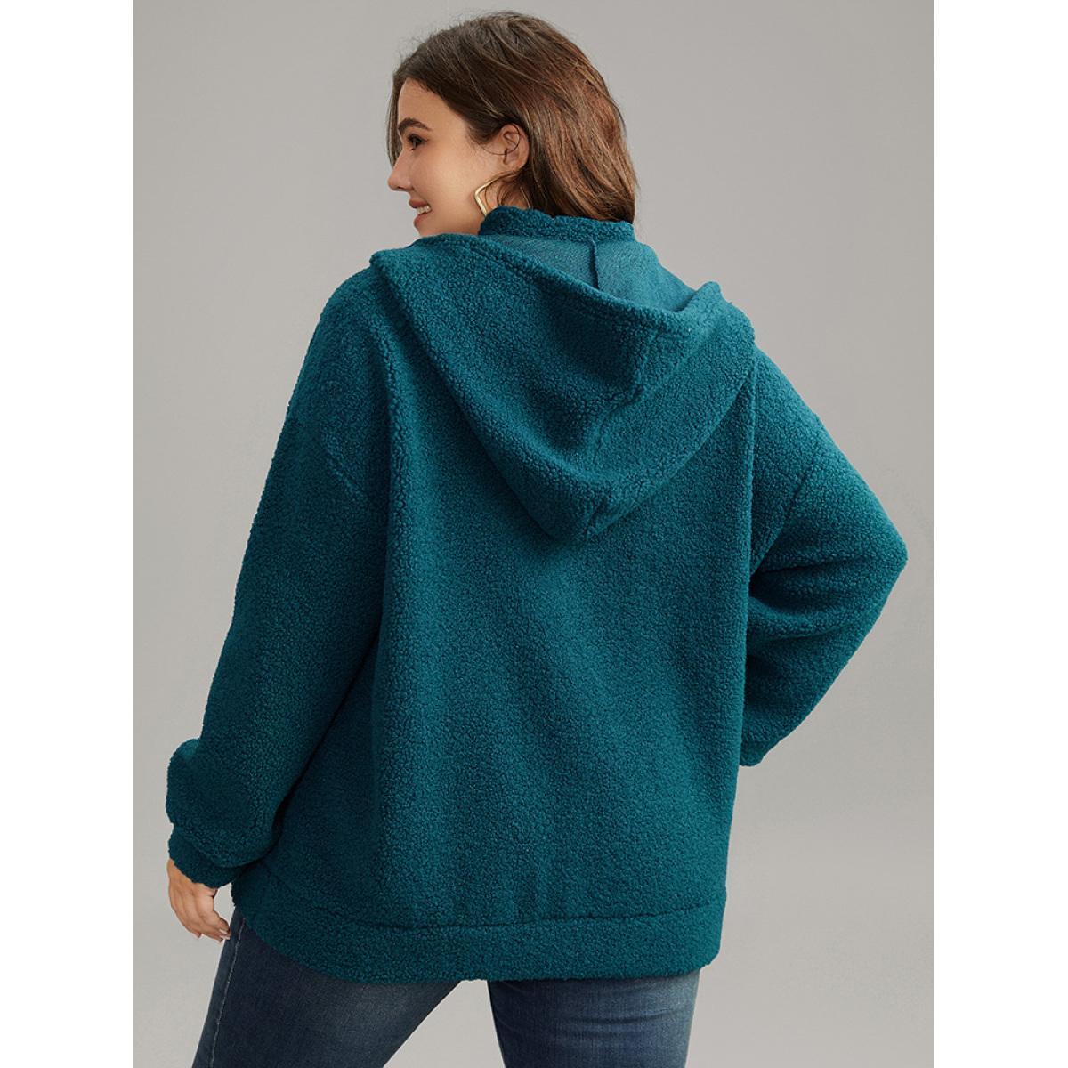 Plus Size Plain Texture O Ring Zipper Hooded Drawstring Jacket Women Aegean Texture Pocket Everyday Jackets BloomChic 22-24/3X Product Image