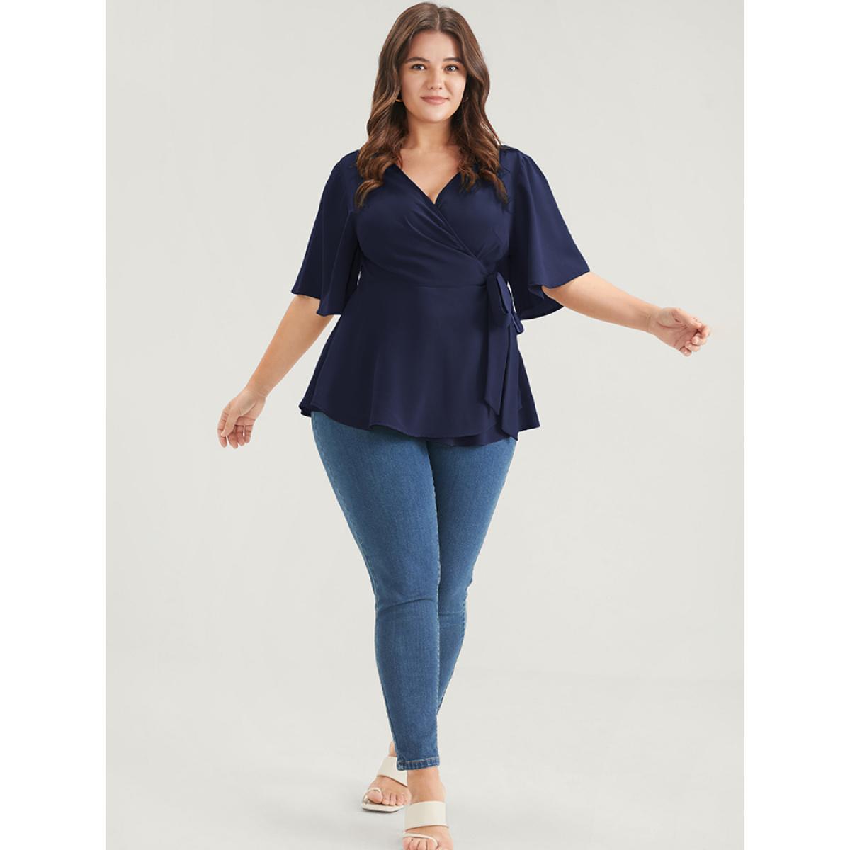 Plus Size Indigo Plain Ruffles Button Belted Wrap Babydoll Blouse Women Elegant Short sleeve V-neck Dailywear Blouses BloomChic 30/6X Product Image