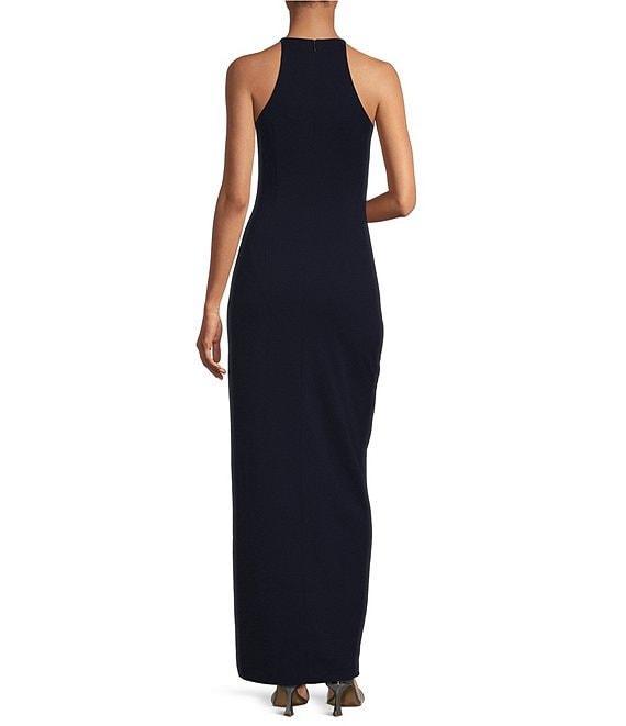Belle by Badgley Mischka Cara Halter Neck Sleeveless Stretch Crepe Ruched Side Slit Sheath Gown Product Image