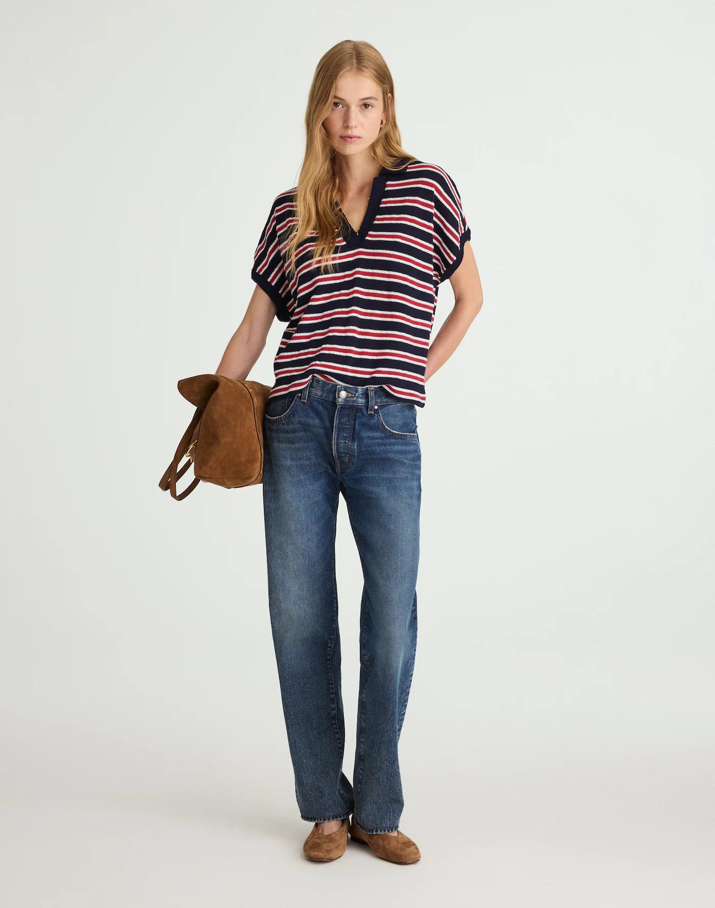 Relaxed V-Neck Polo Shirt in Stripe Product Image