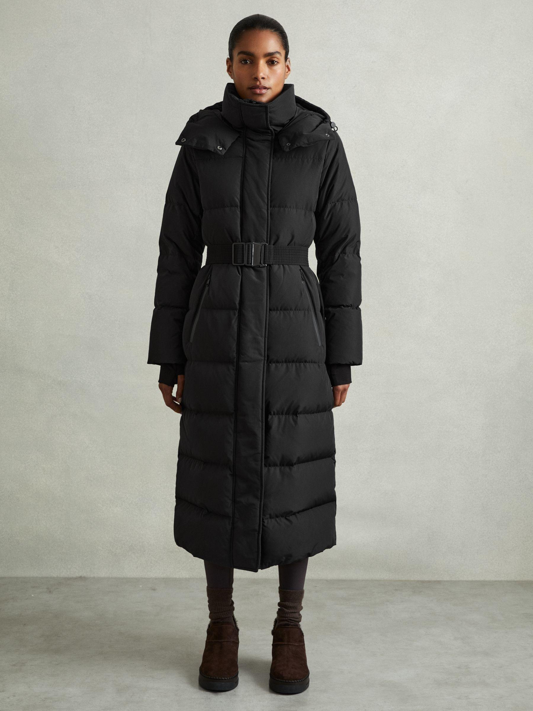 Petite Longline Hooded Puffer Coat in Black Product Image