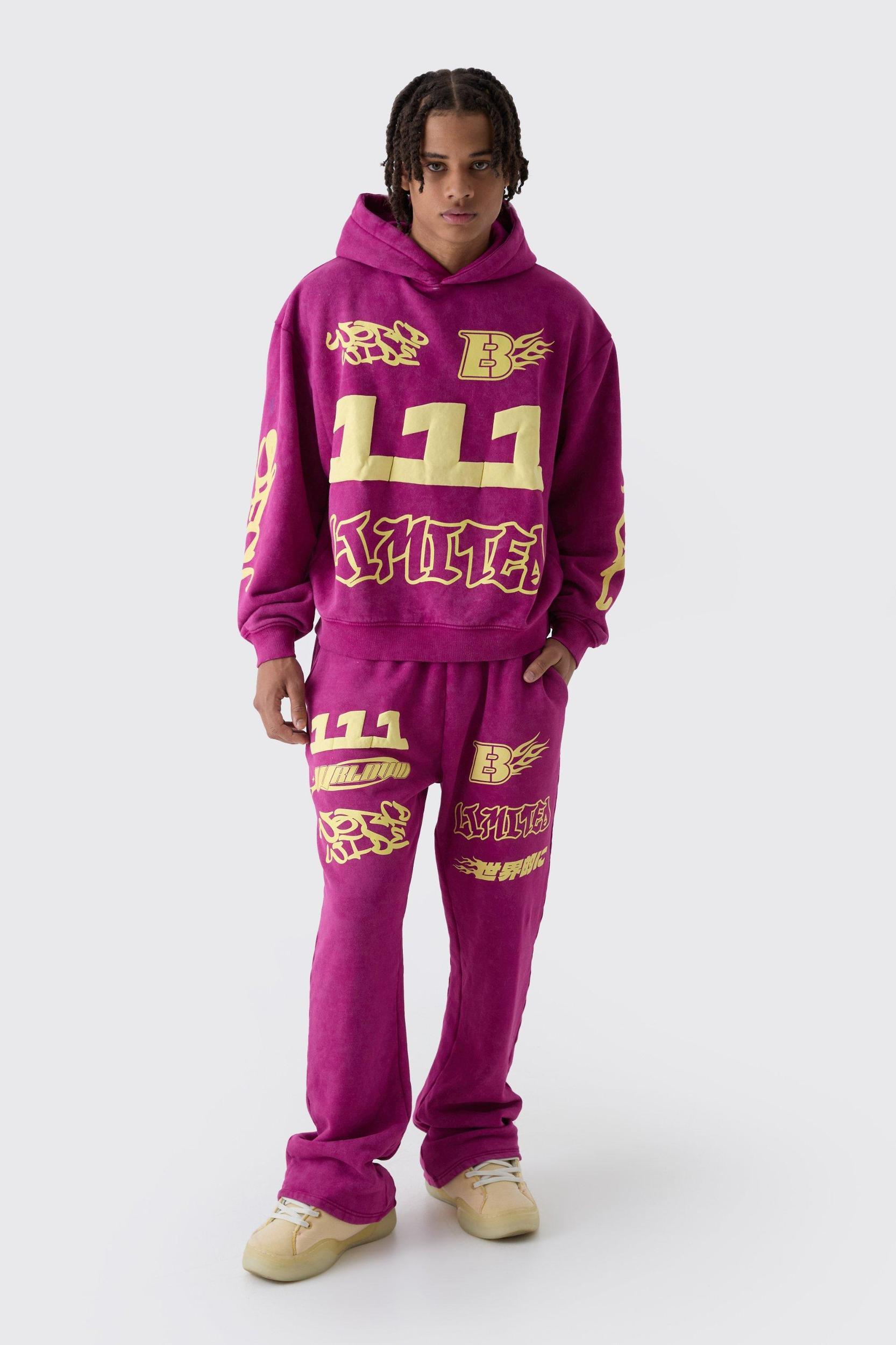 Oversized Boxy Moto Puff Print Wash Hooded Tracksuit | boohooMAN USA Product Image