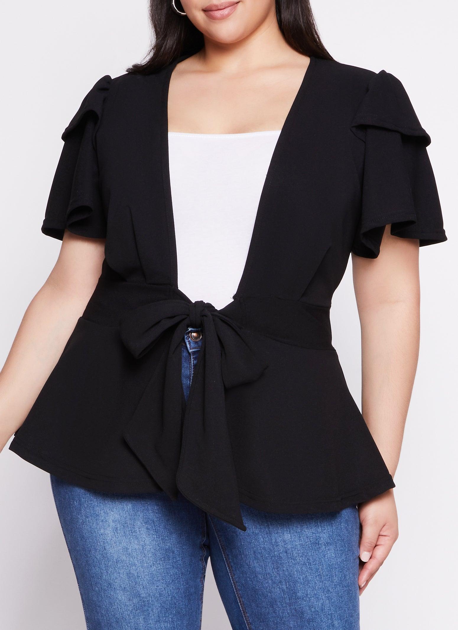 Womens Plus Size Tiered Sleeve Tie Front Peplum Top Product Image