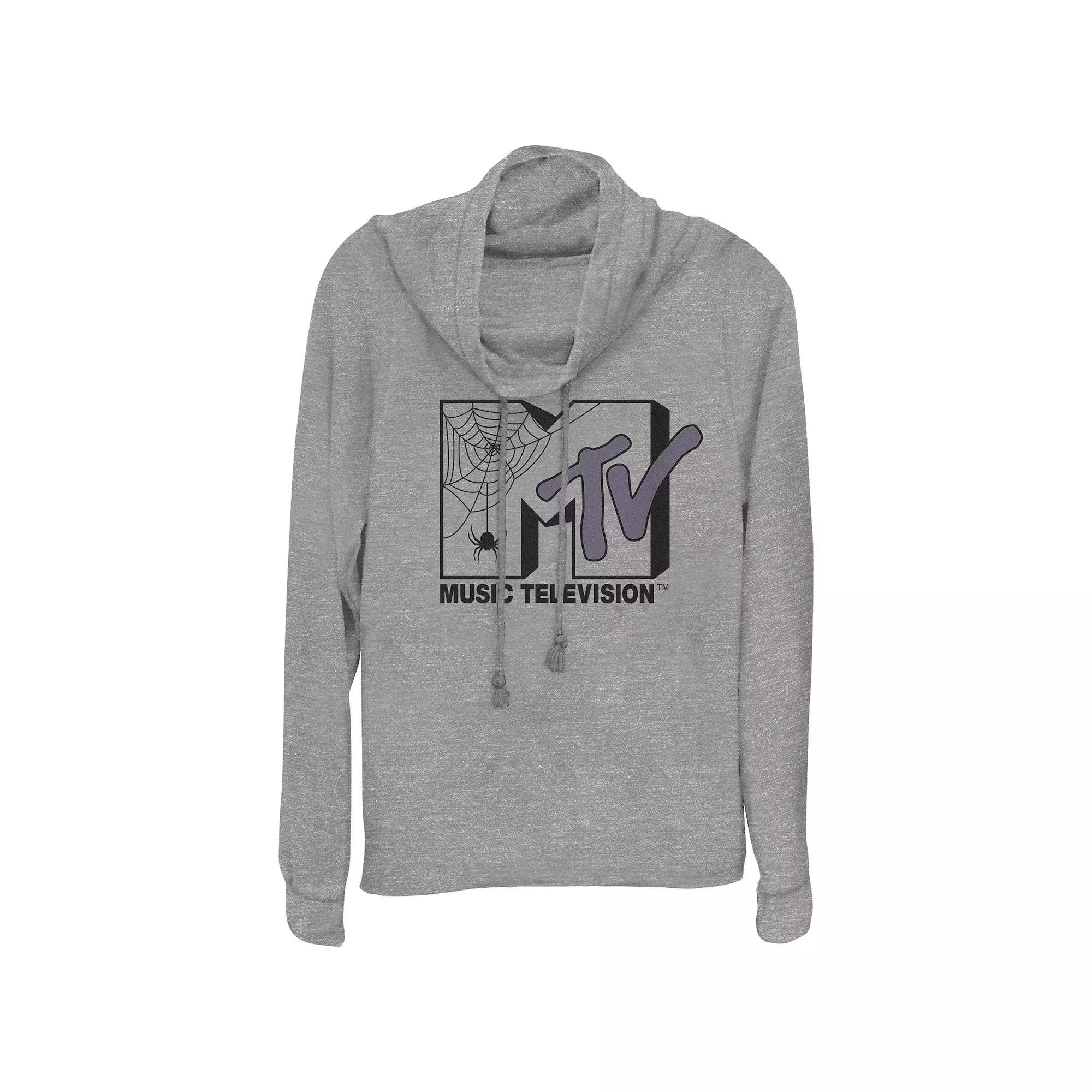 Plus Size MTV Spider Halloween Logo Cowlneck Graphic Lightweight Long Sleeve, Womens Gray Grey Product Image