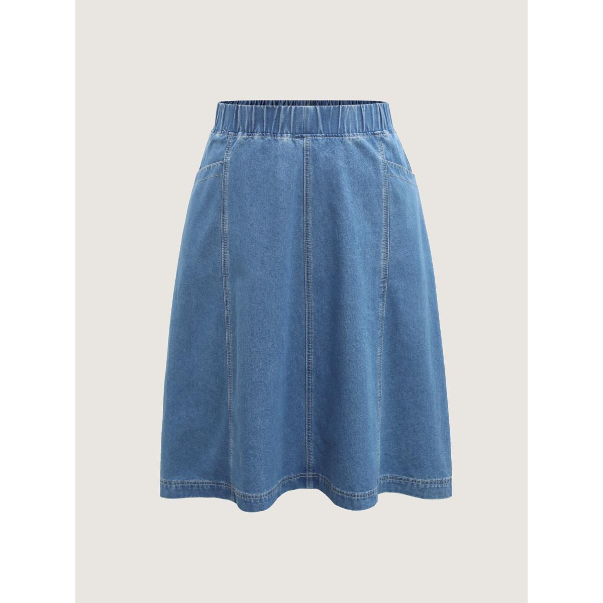 Plus Size Stretchy Waistband Pockets Denim Skirt Women Denimblue Everyday-Casual No stretch Medium Wash 30/6X Slanted pocket Denim Skirts BloomChic Product Image