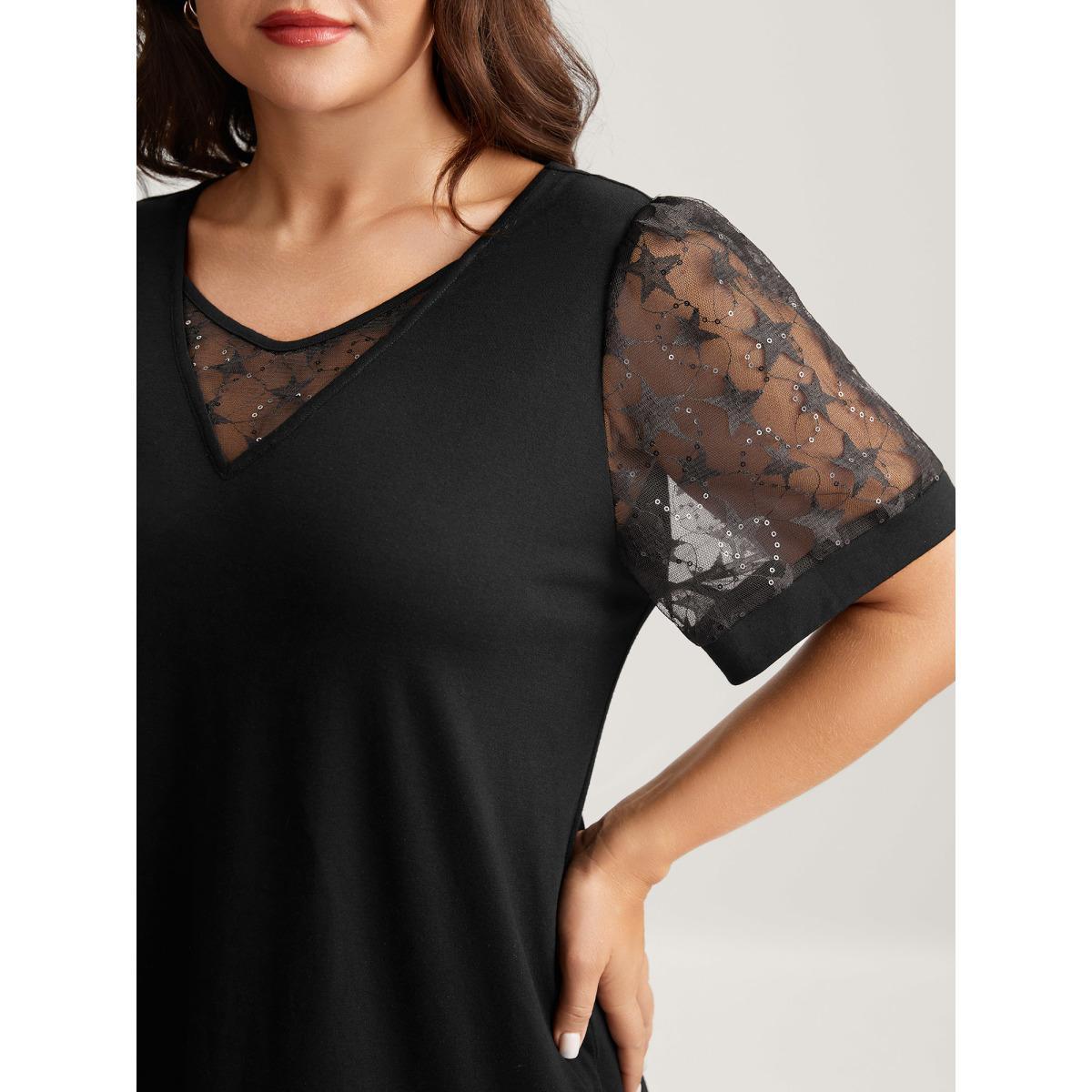 Plus Size Beaded Mesh Sheer Patchwork T-Shirt Black Women Gathered V-neck Everyday-Elegant T-shirts BloomChic 18-20/2X Product Image
