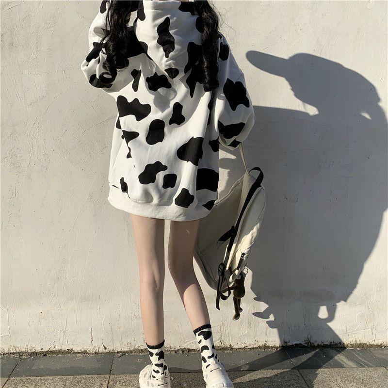 Cow Print Pocket Detail Oversized Hoodie Product Image