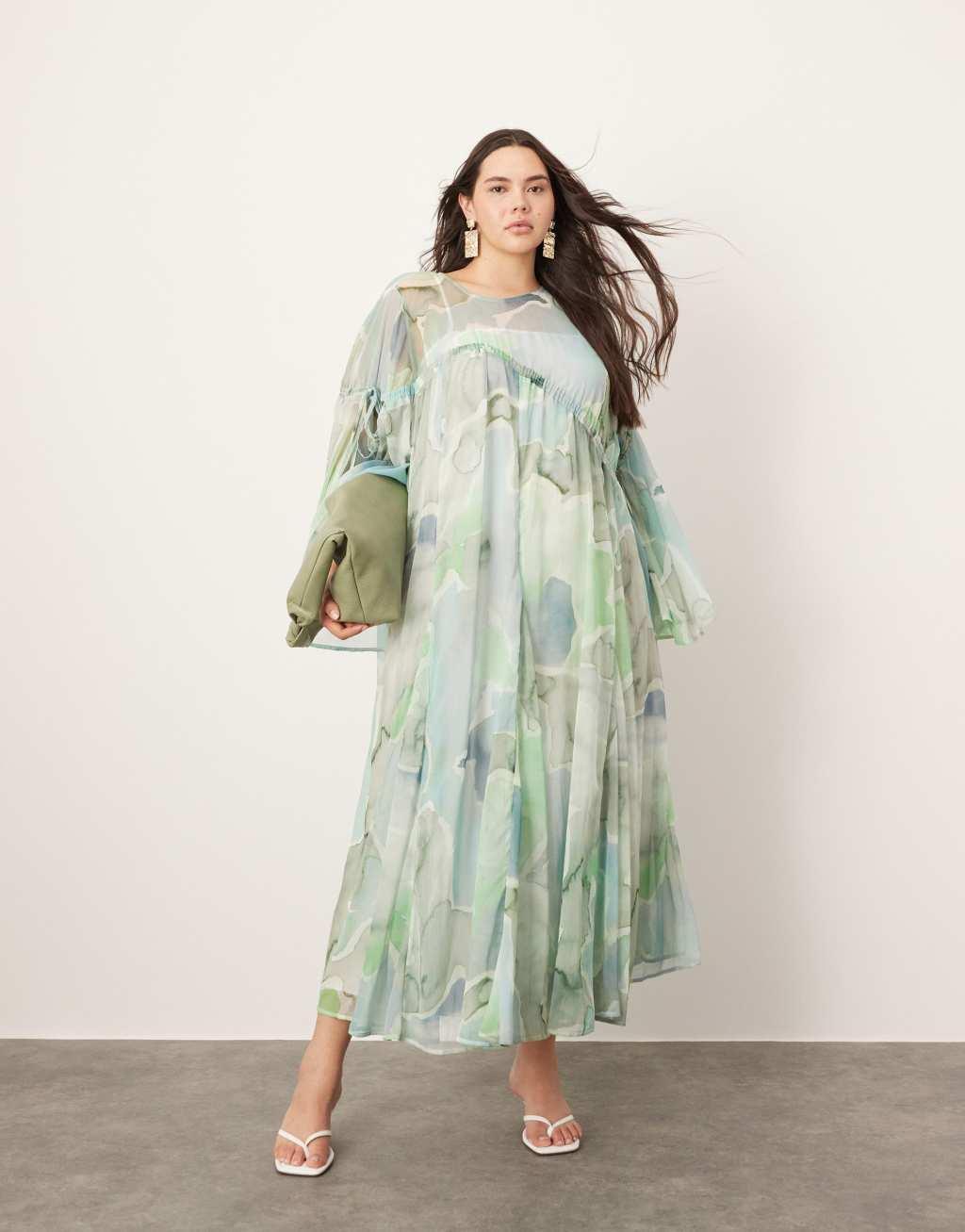 ASOS EDITION Curve long sleeve chiffon maxi dress with gathered detail in blue watercolour Product Image