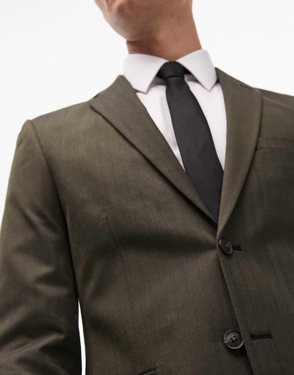 Topman skinny herringbone suit jacket in khaki Product Image