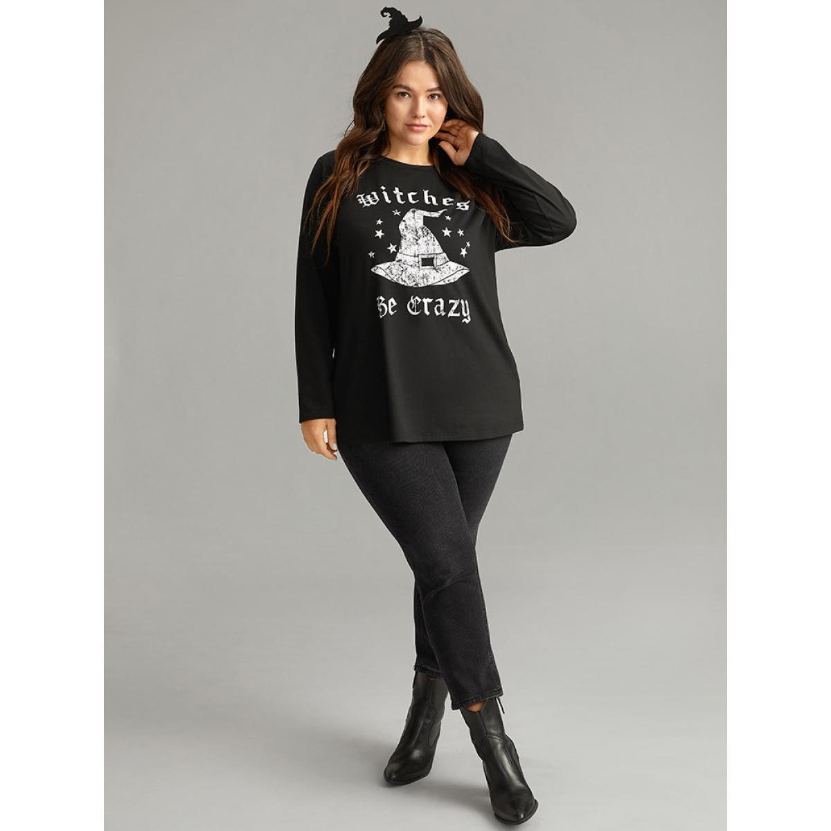 Plus Size Halloween Letter Round Neck T-shirt Black Women Casual Printed Halloween Festival-Halloween T-shirts BloomChic 12/L Product Image