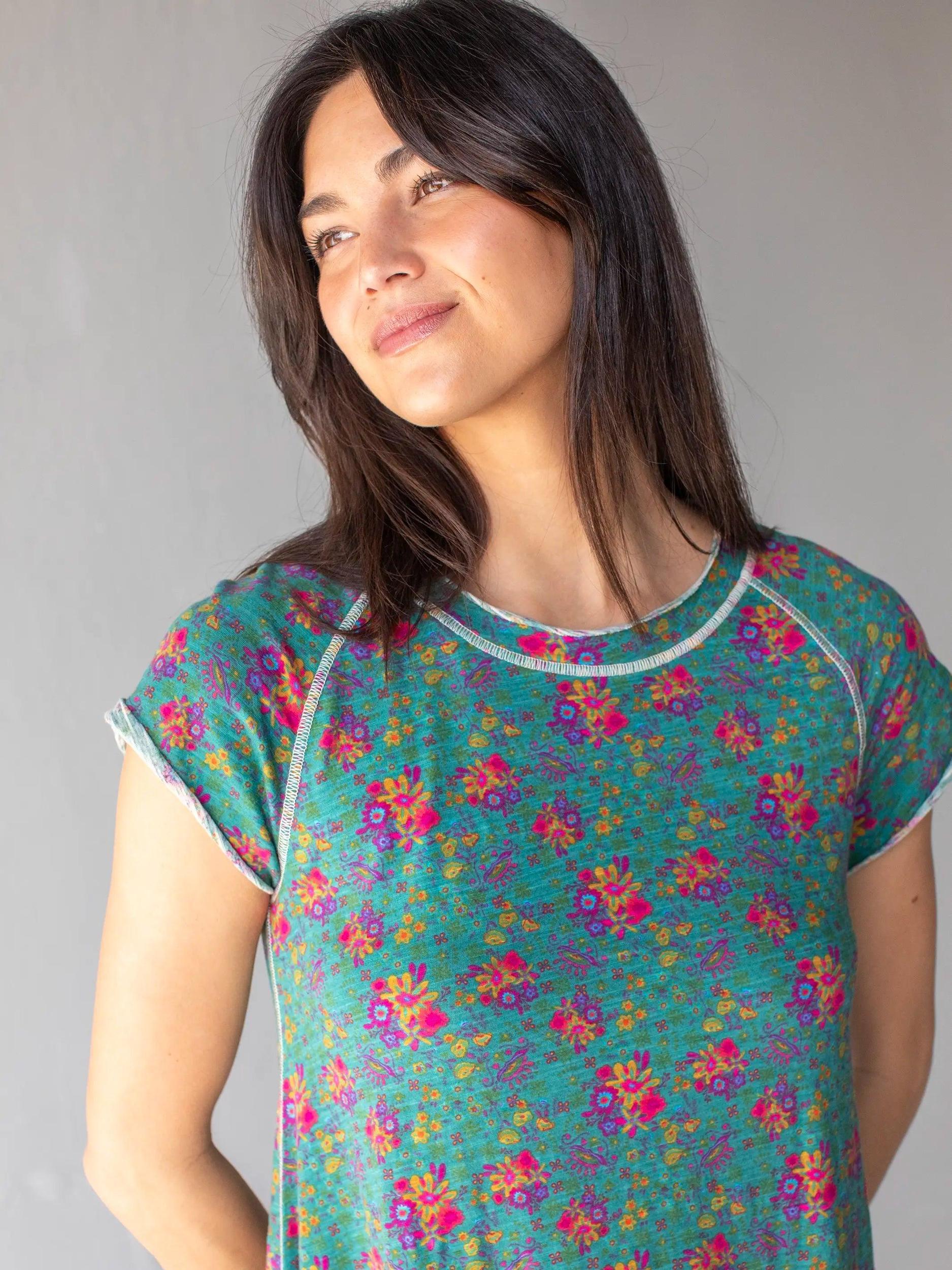 Lily Knit Cotton Tee Dress - Turquoise Floral Medallions Product Image