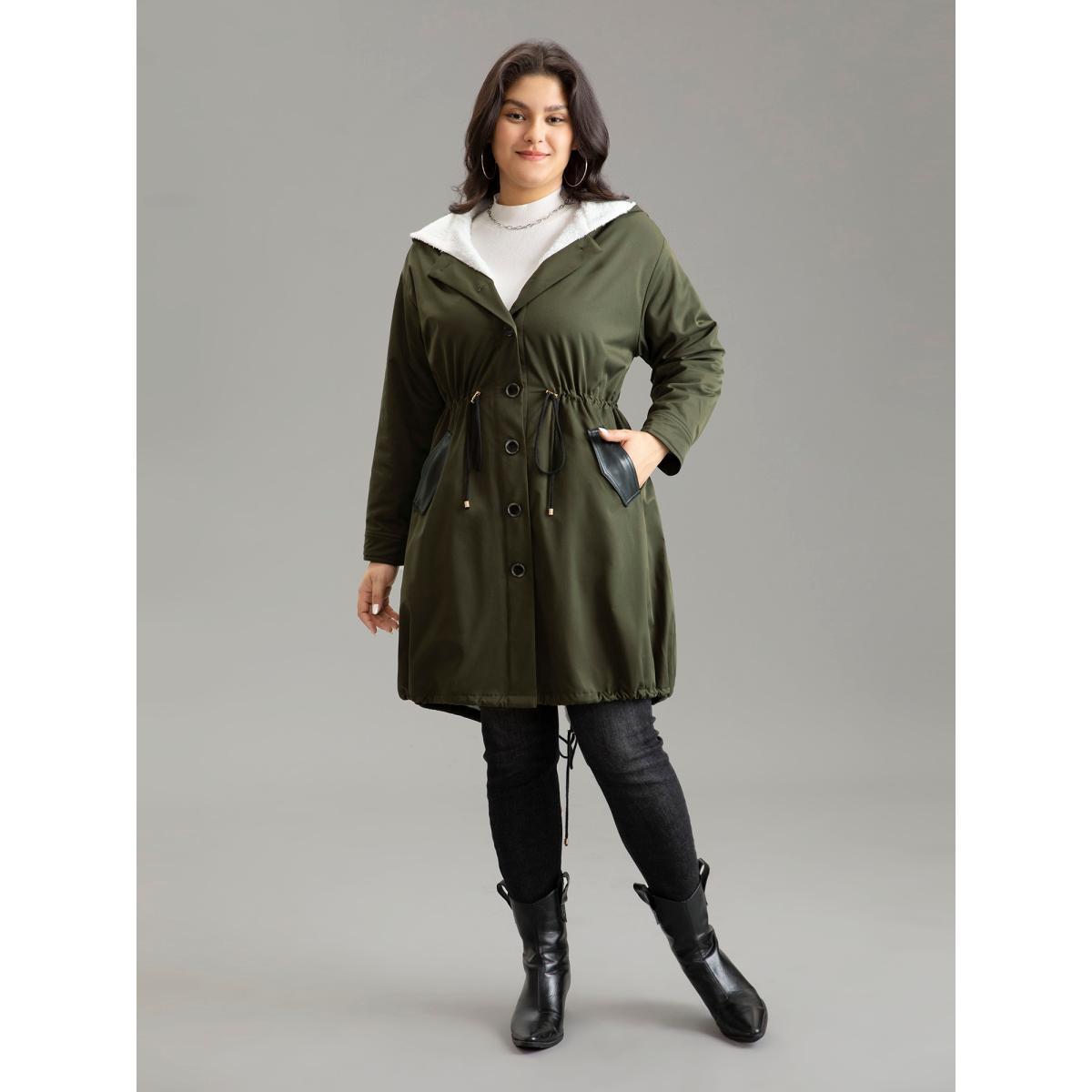 Plus Size Patchwork Fuzzy PU Leather Drawstring Coat Women ArmyGreen Casual Contrast Ladies Dailywear Winter Coats BloomChic 14-16/1X Product Image