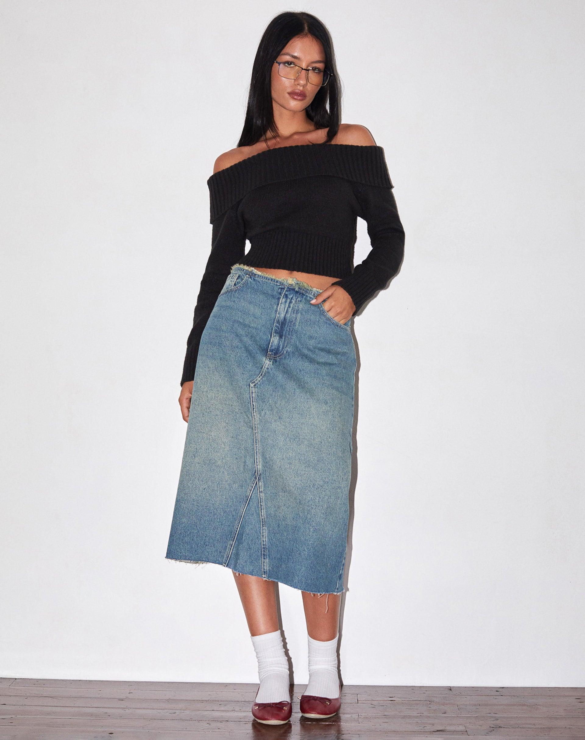 Low Rise Denim Midi Skirt in Vintage Blue Green Female Product Image