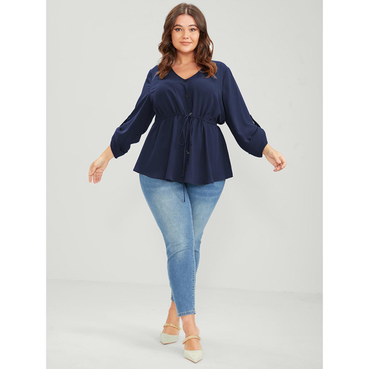 Plus Size Navy Solid Roll Sleeve Button Down Drawstring Blouse Women Office Long Sleeve V-neck Work Blouses BloomChic 14-16/1X Product Image
