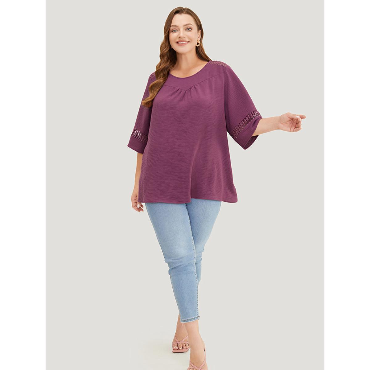 Plus Size Mauve Solid Gathered Lace Patchwork Blouse Women Elegant Elbow-length sleeve Round Neck Dailywear Blouses BloomChic 30/6X Product Image