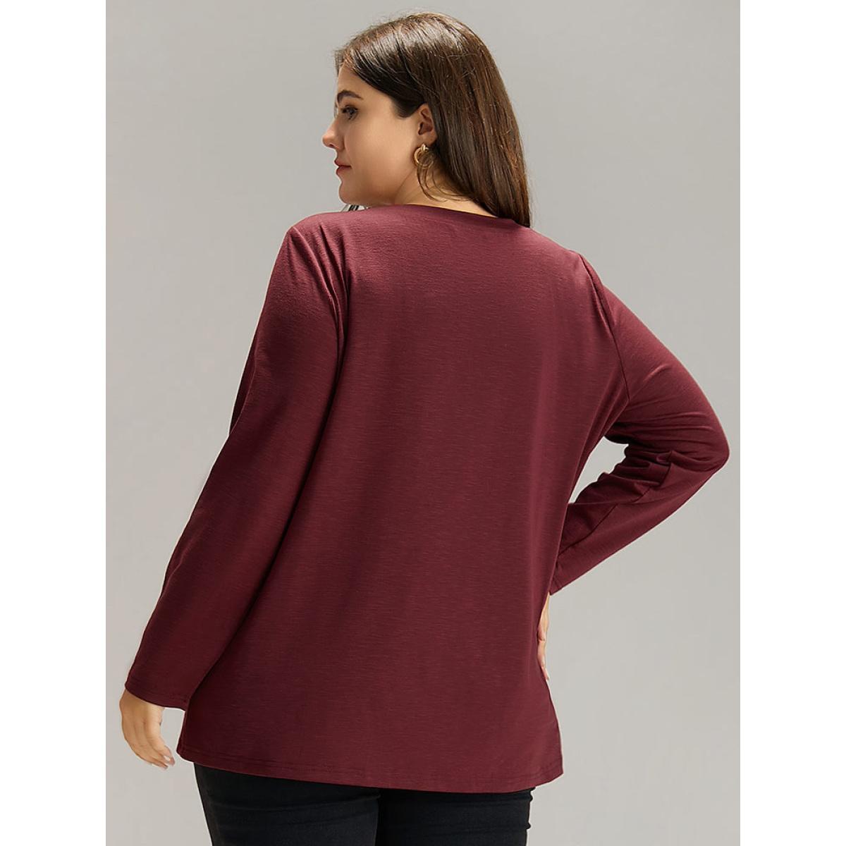 Plus Size Feather Print Round Neck T-shirt Burgundy Women Casual Printed Art&design Dailywear T-shirts BloomChic 12/L Product Image