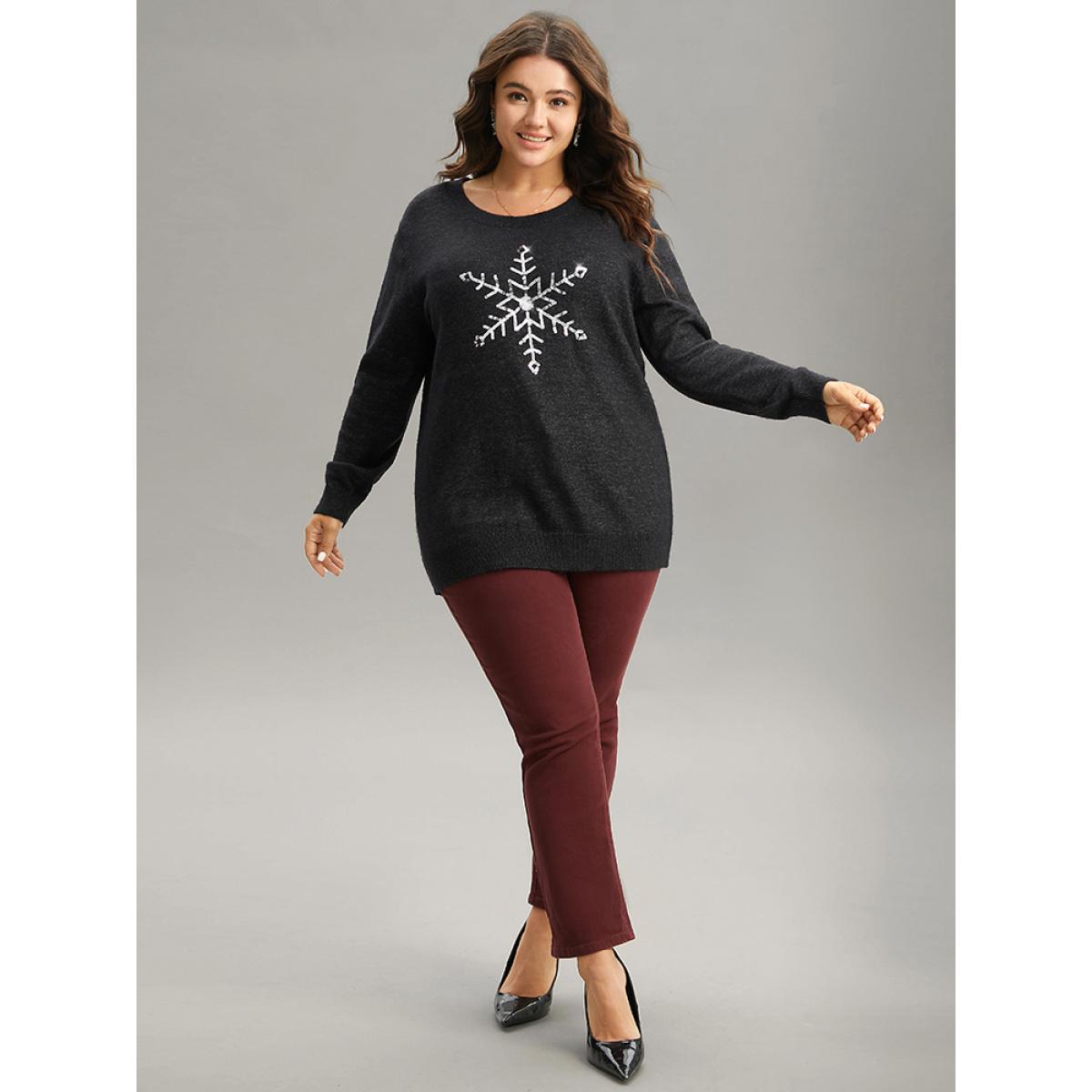 Plus Size Anti-Pilling Sequin Snowflake Round Neck Pullover Black Women Casual Loose Long Sleeve Round Neck Festival-Christmas Pullovers BloomChic 12/L Product Image