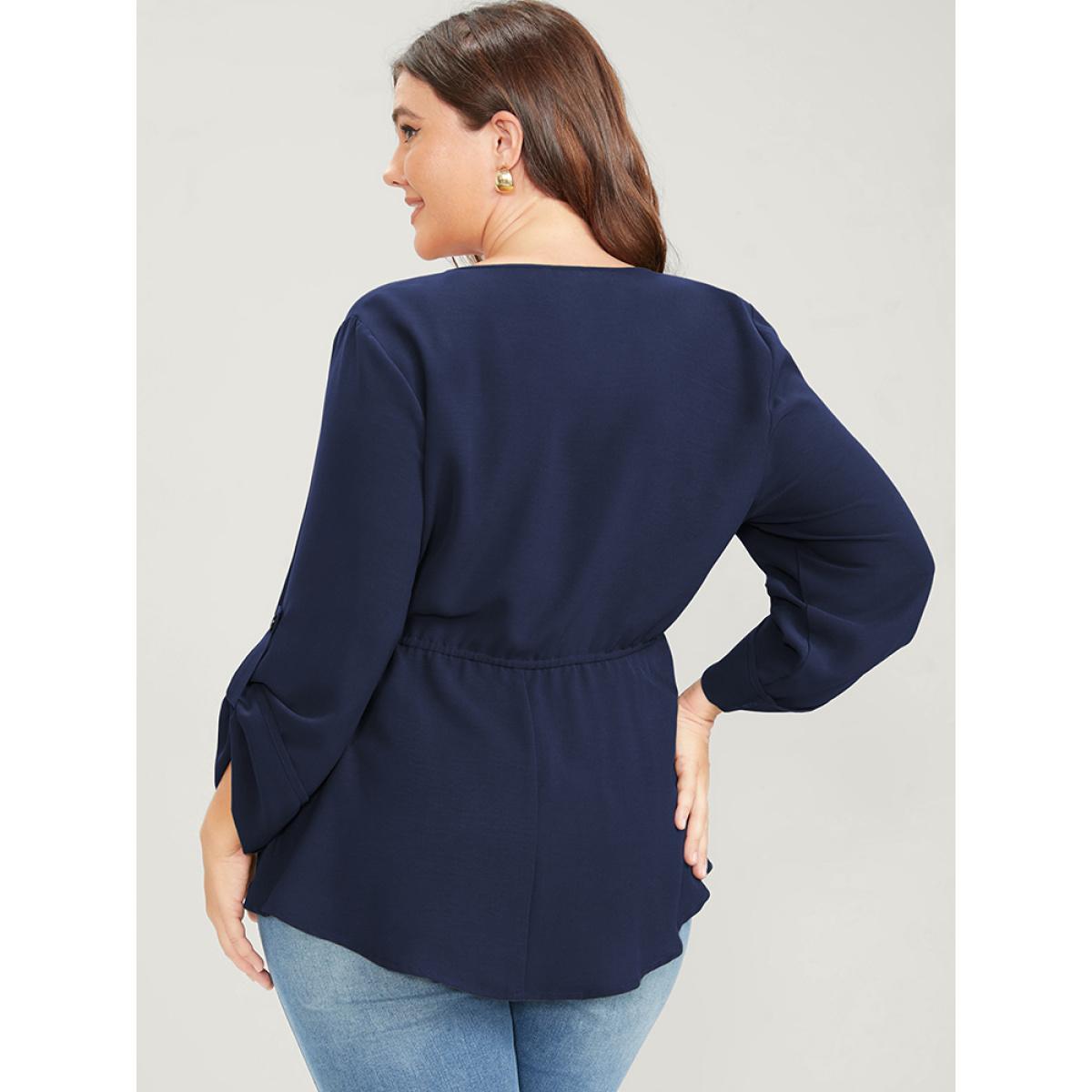Plus Size Navy Solid Roll Sleeve Button Down Drawstring Blouse Women Office Long Sleeve V-neck Work Blouses BloomChic 14-16/1X Product Image