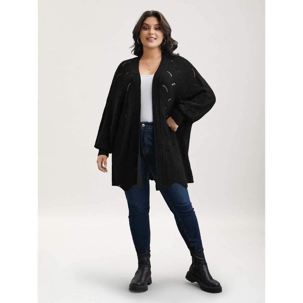 Plus Size Textured Cut-Out Open-Front Cardigan Black Women Casual Loose Long Sleeve Everyday Cardigans BloomChic 28/5X Product Image