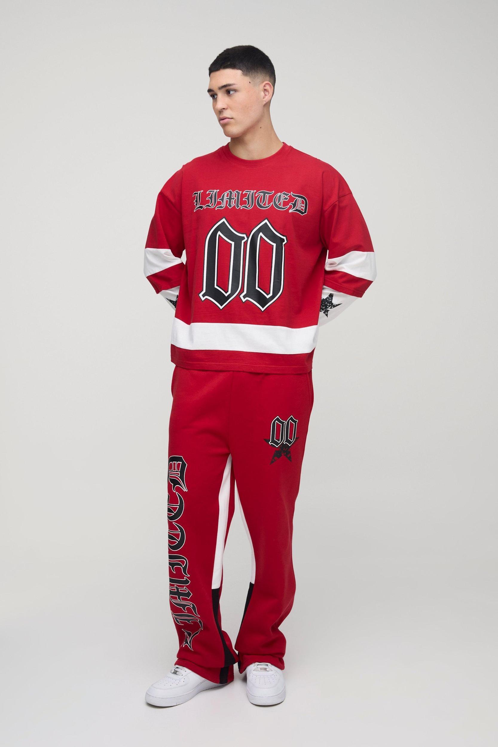 Oversized Boxy Varsity Star Print Faux Sleeve Gusset T-Shirt & Sweatpants Set | boohooMAN USA Product Image