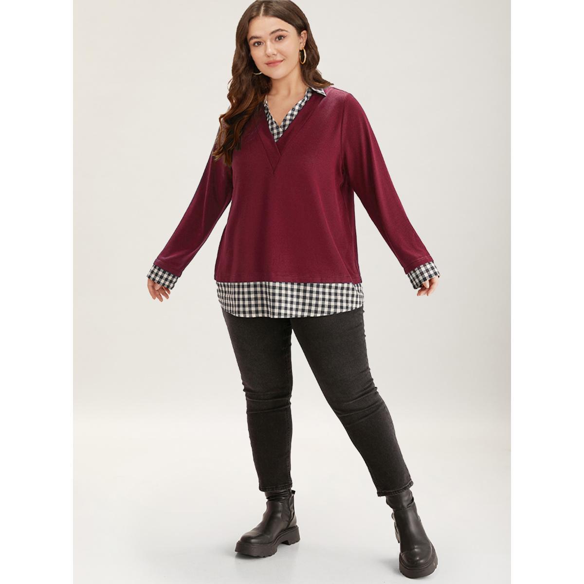 Plus Size Gingham Patchwork Shirt Collar Arc Hem Sweatshirt Women Scarlet Casual Patchwork V-neck Everyday Sweatshirts BloomChic 22-24/3X Product Image