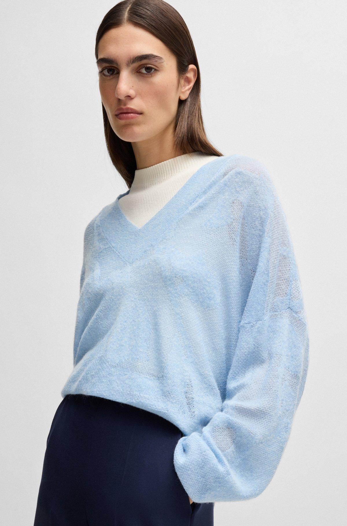 BOSS - V-neck sweater in floral knitted jacquard - Light Blue Product Image