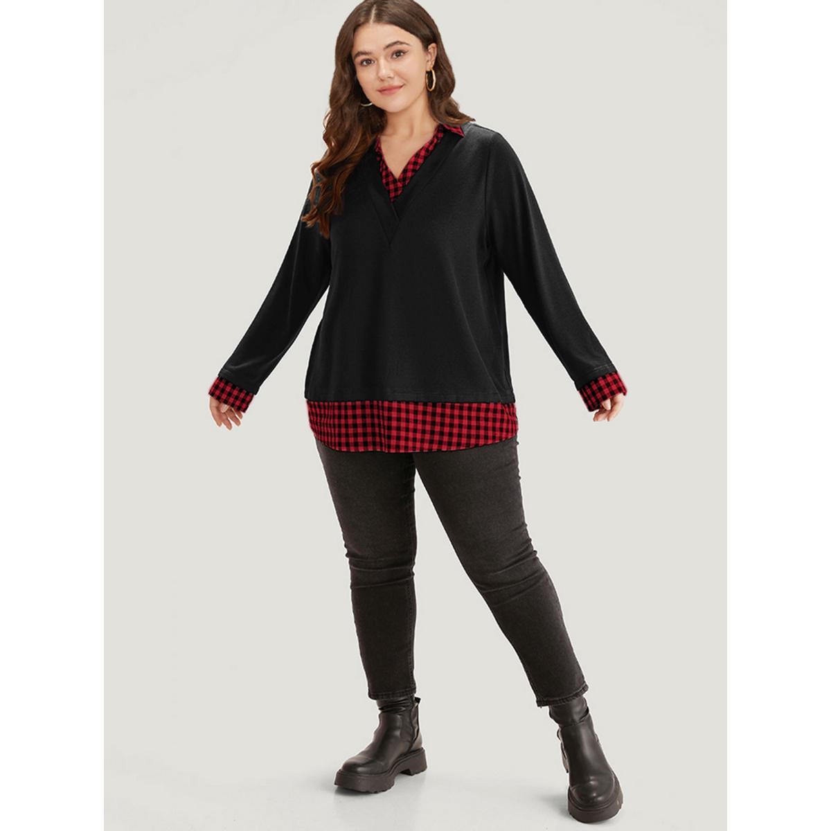 Plus Size Gingham Patchwork Shirt Collar Arc Hem Sweatshirt Women Multicolor Casual Patchwork V-neck Everyday Sweatshirts BloomChic 18-20/2X Product Image