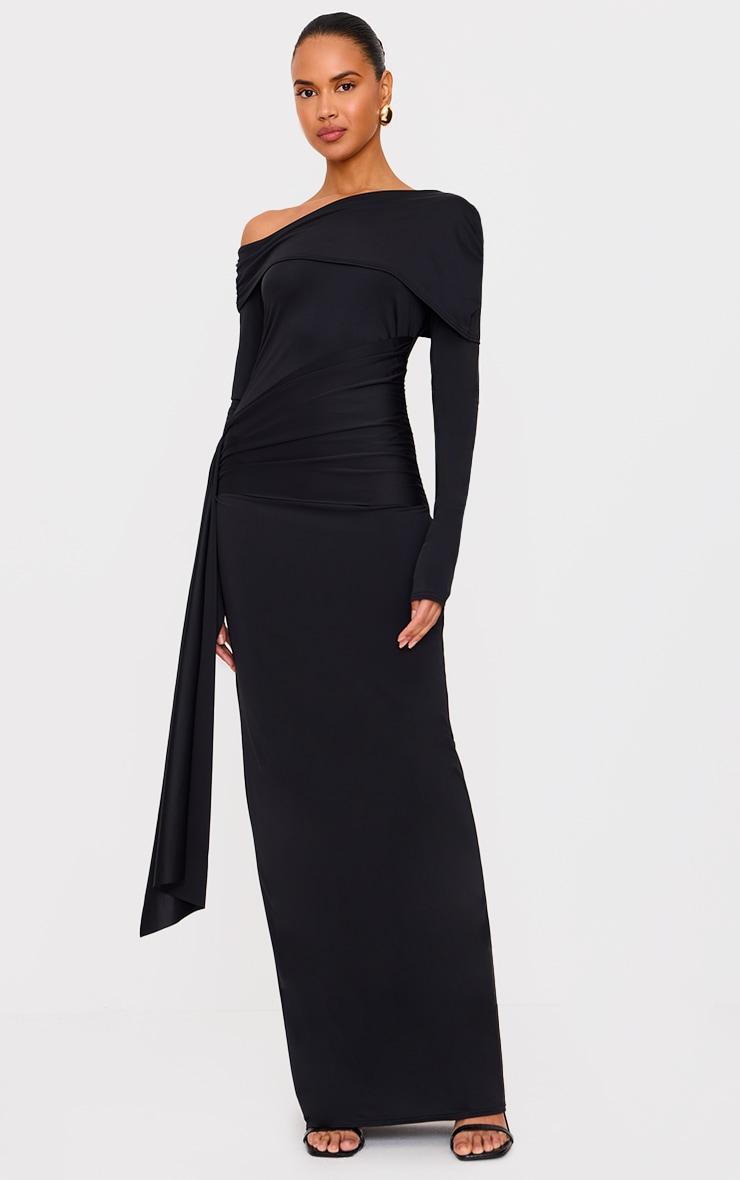  Black Matte Sculpt Fold Over Ruched Drape Maxi Dress Product Image