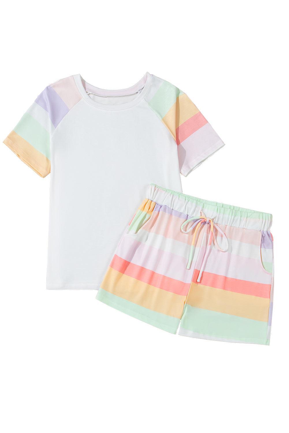 White Rainbow Striped Tee + Shorts Set Product Image