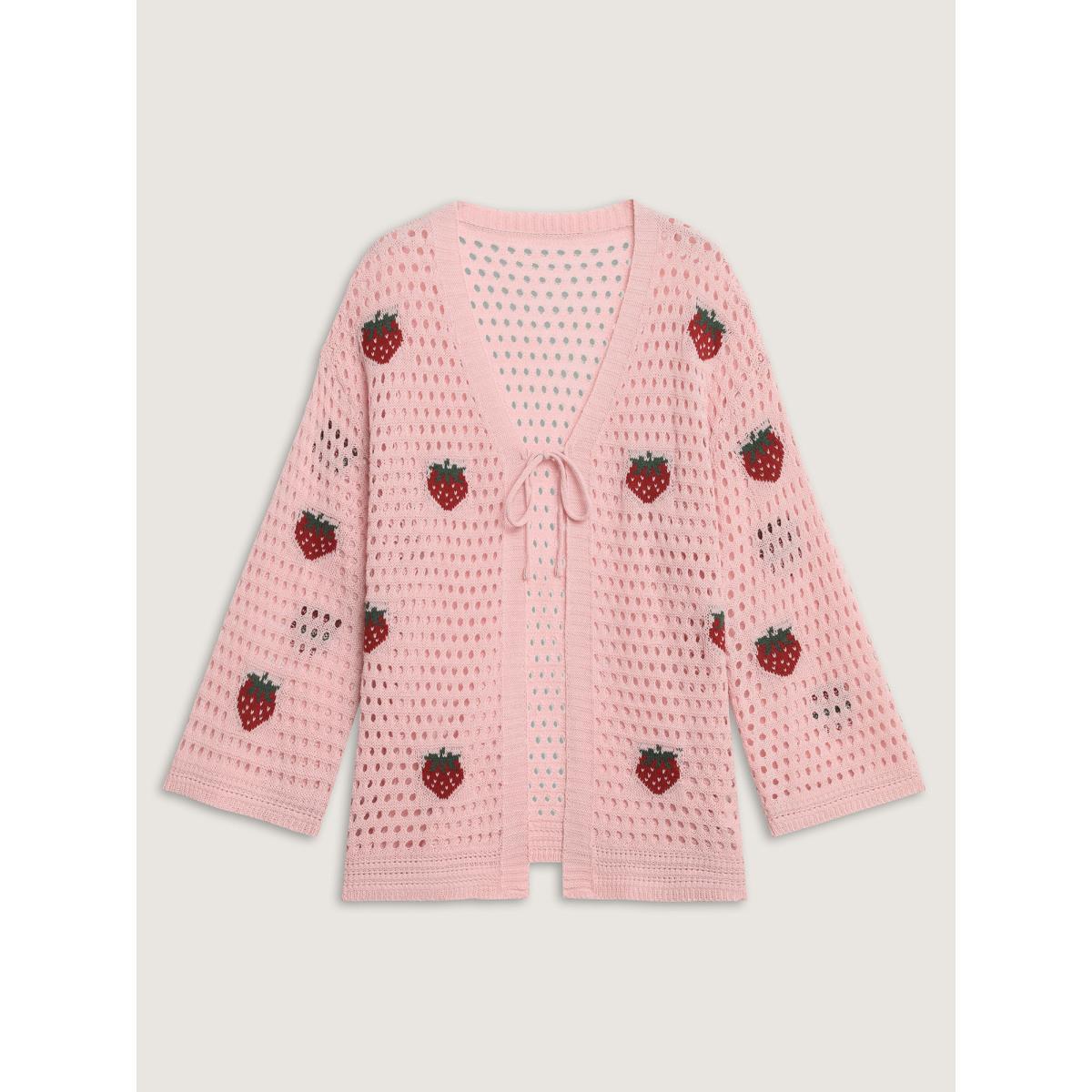 Plus Size Strawberry Jacquard Embroidery Tie Knit Cardigan Nudepink Women Loose Long Sleeve Everyday-Casual Cardigans BloomChic 22-24/3X Product Image
