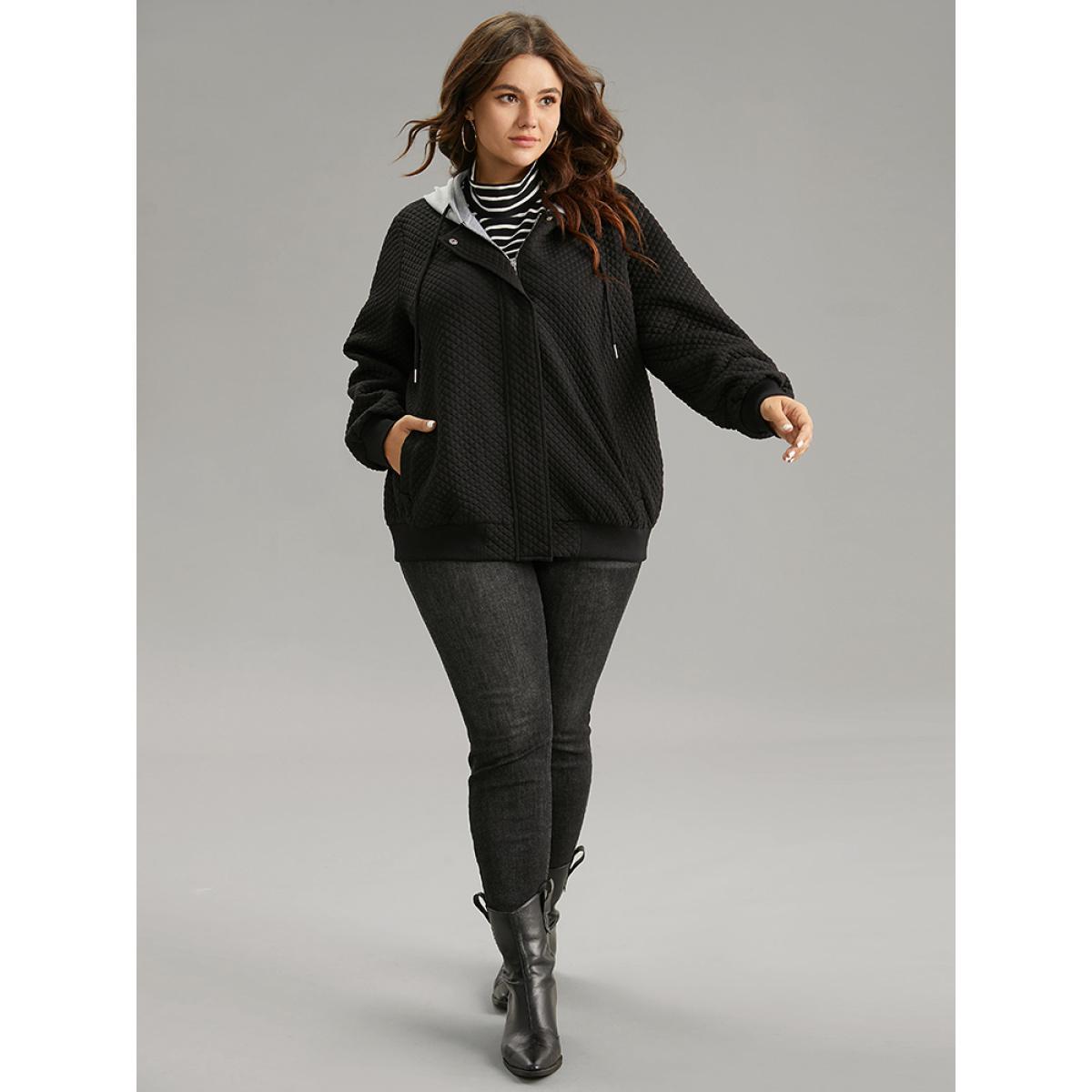 Plus Size Contrast Hooded Drawstring Pocket Zipper Fly Coat Women Black Rib Knit Pocket Dailywear Jackets BloomChic 28/5X Product Image