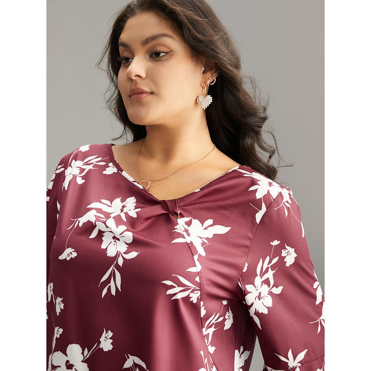 Plus Size Scarlet Silhouette Floral Print Ruffle Sleeve Twist Front Blouse Women Elegant Elbow-length sleeve Round Neck Party Blouses BloomChic 22-24/3X Product Image