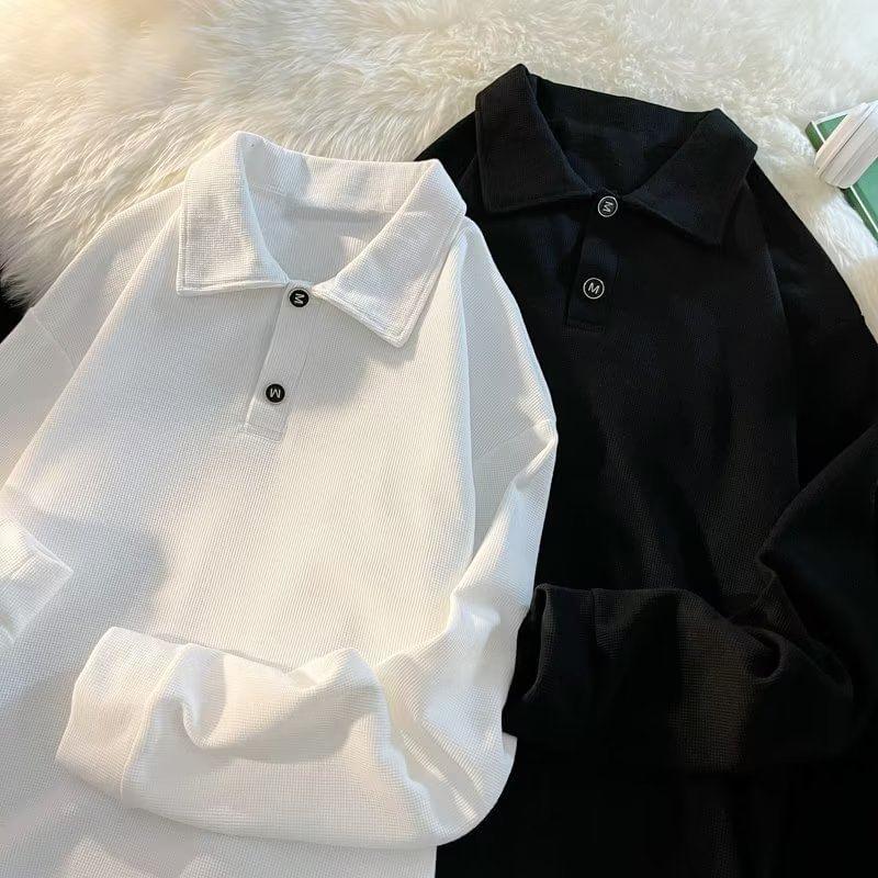 Long Sleeve Drop Shoulder Plain Polo Shirt Product Image