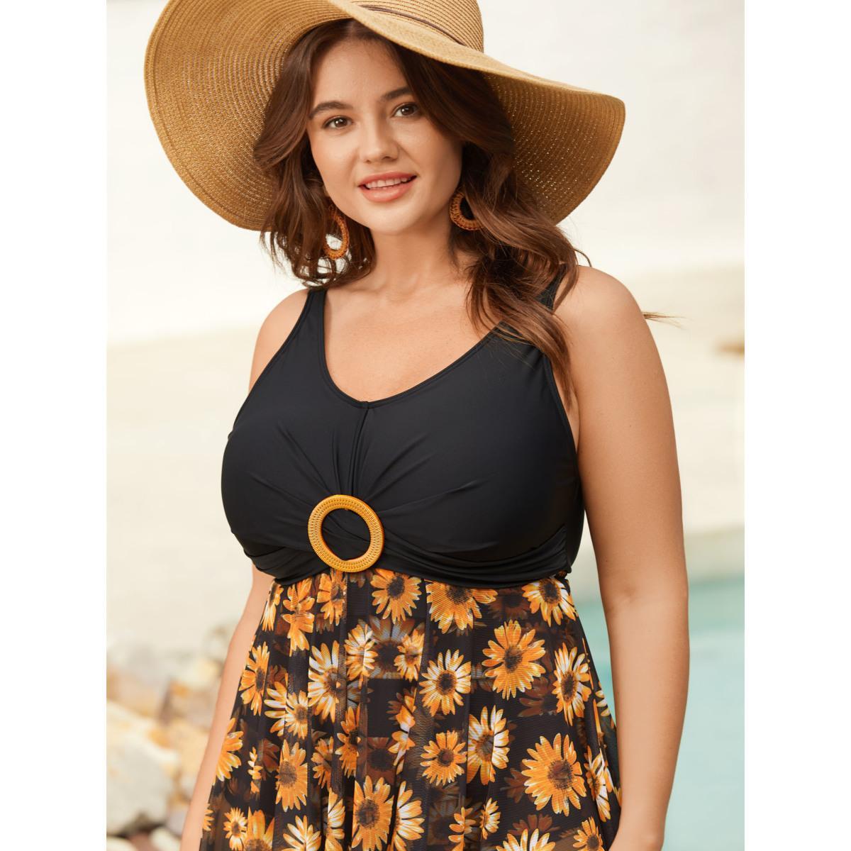 Plus Size Sunflower Pattern Mesh Contrast Swim Dress Women's Swimwear Black Beach Bodycon U-neck High stretch Curve Swim Dresses BloomChic 22-24/3X Product Image