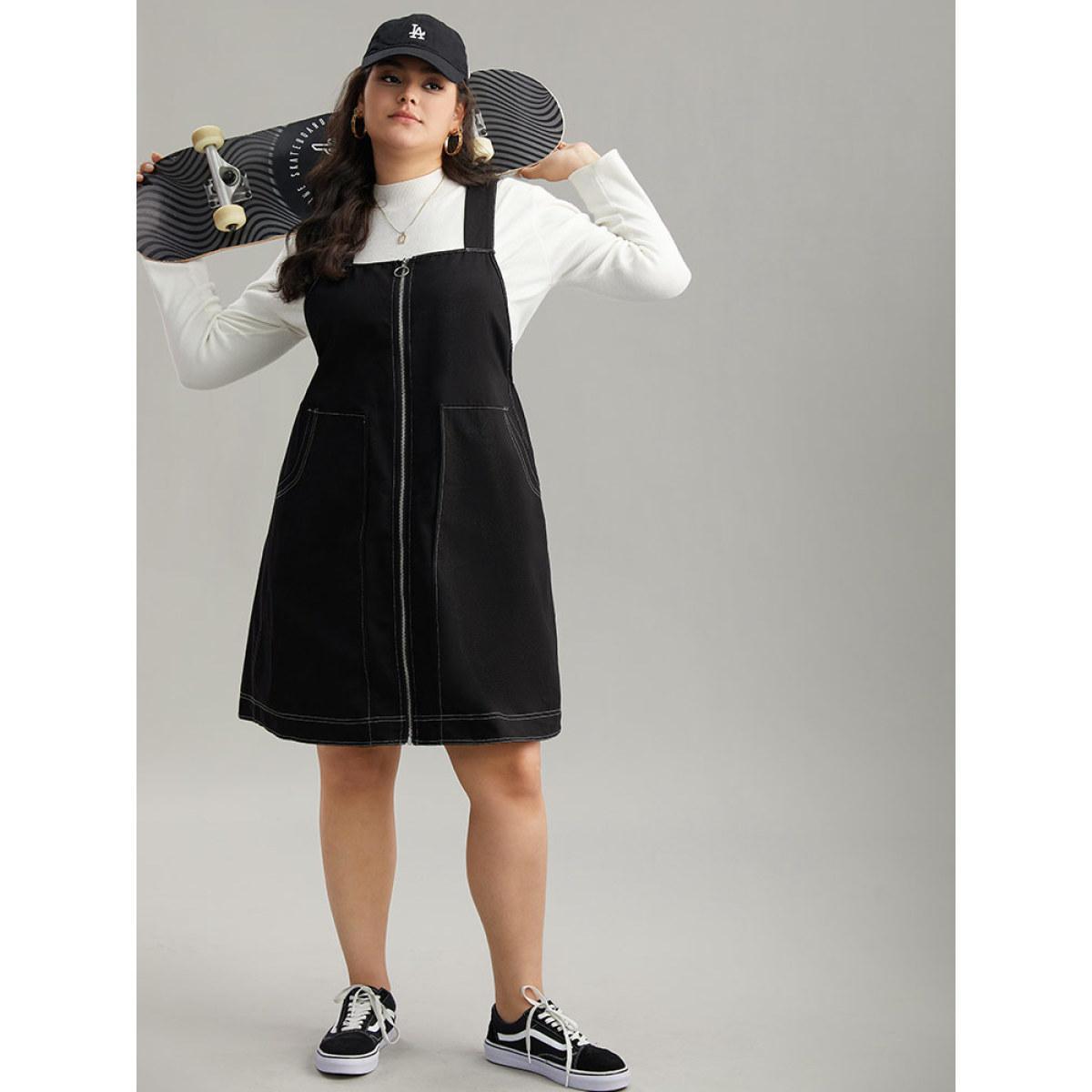 Plus Size Twill O Ring Zipper Pocket Spaghetti Strap Dress Black Women Casual Plain Spaghetti Strap Sleeveless Curvy Midi Dress BloomChic 28/5X Product Image